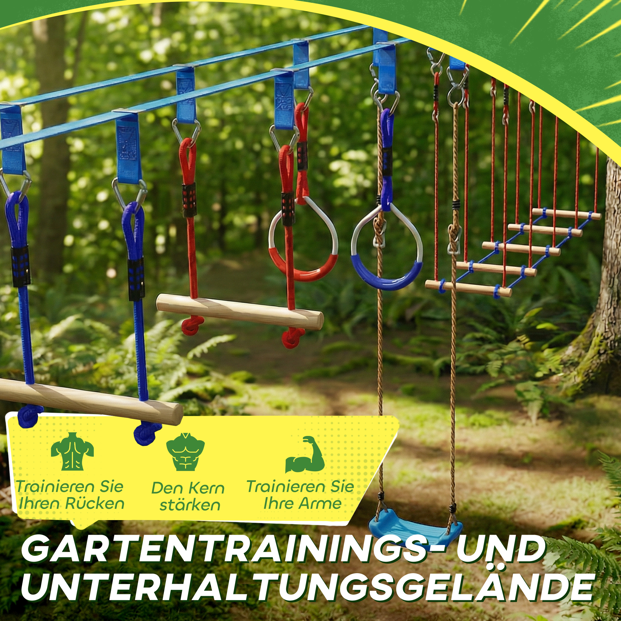 Ninja Line Kinder 24 m Slackline Set mit Turnringe 7 Hindernissen Kletterstange Balancierbrücke für 3-6 Jahre Rot+Blau