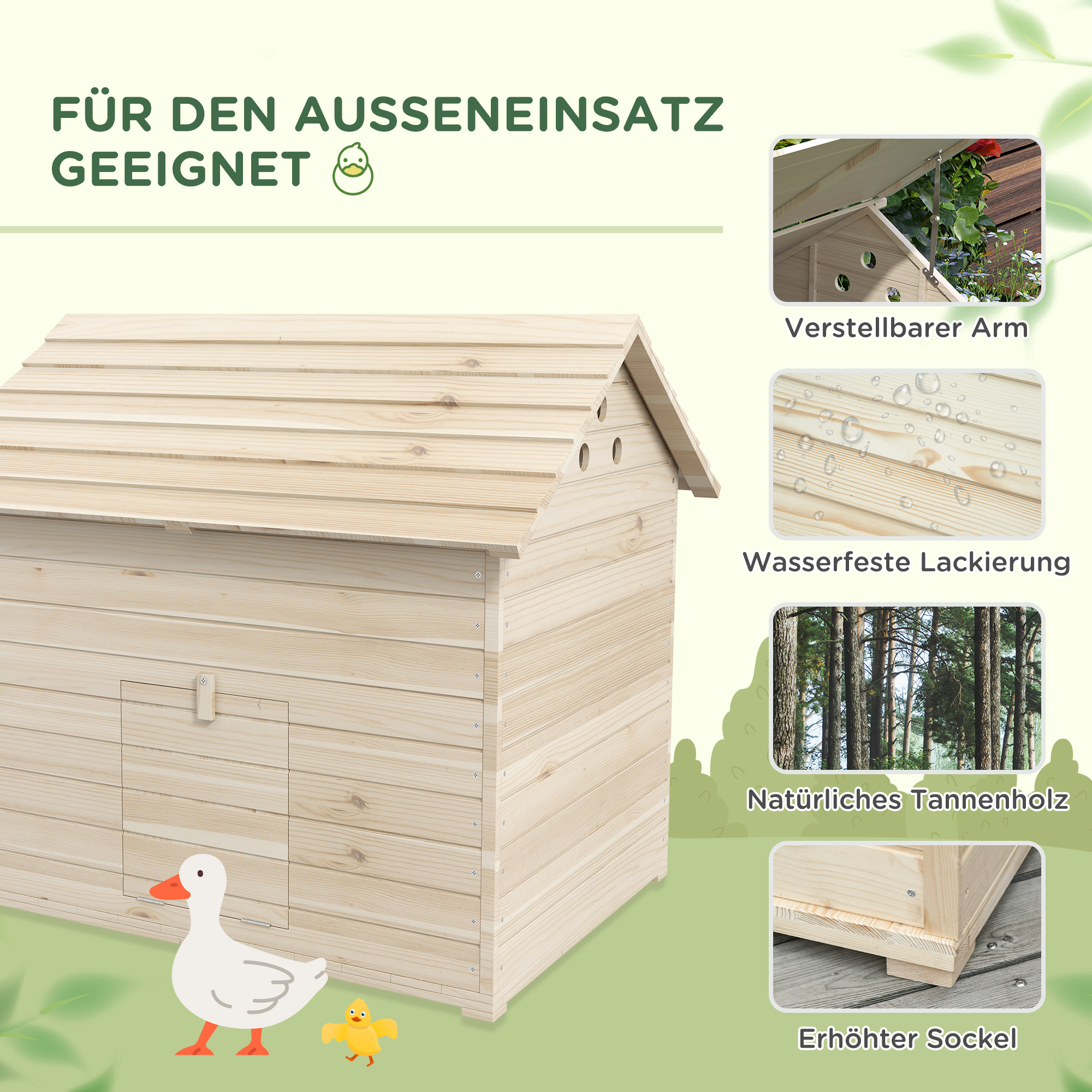 Entenhaus mit aufklappbarem Kippdach, Geflügelhaus mit erhöhten Boden und Rampe, Tannenholz, 100 x 82,5 x 91 cm