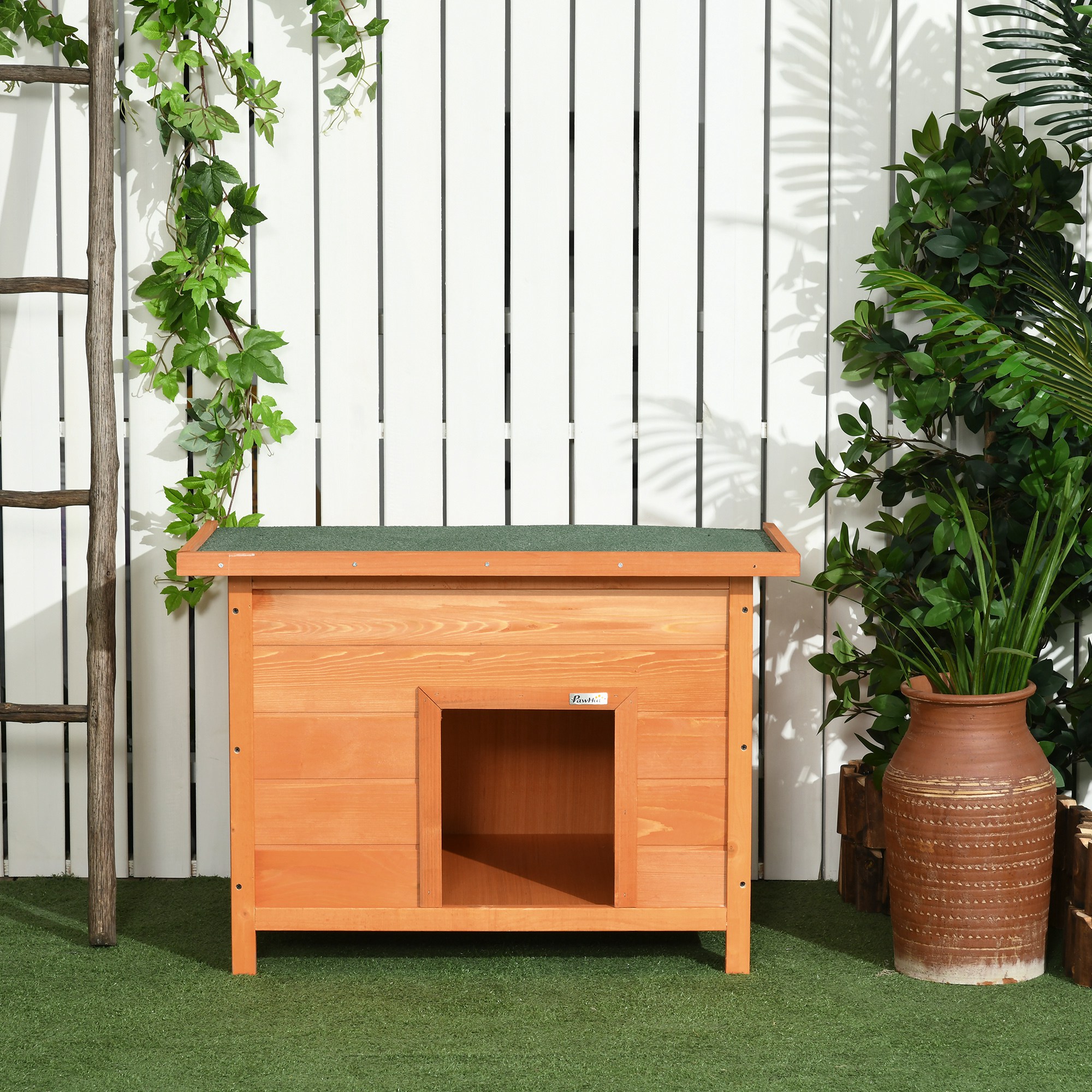 Hundehütte Outdoor, Hundehaus aus Holz mit Aufklappbares Asphaltdach, Wasserdichte Hundehöhle mit erhöhter Boden Hütte für kleine Hunde, Gelb, 82 x 58 x 58 cm