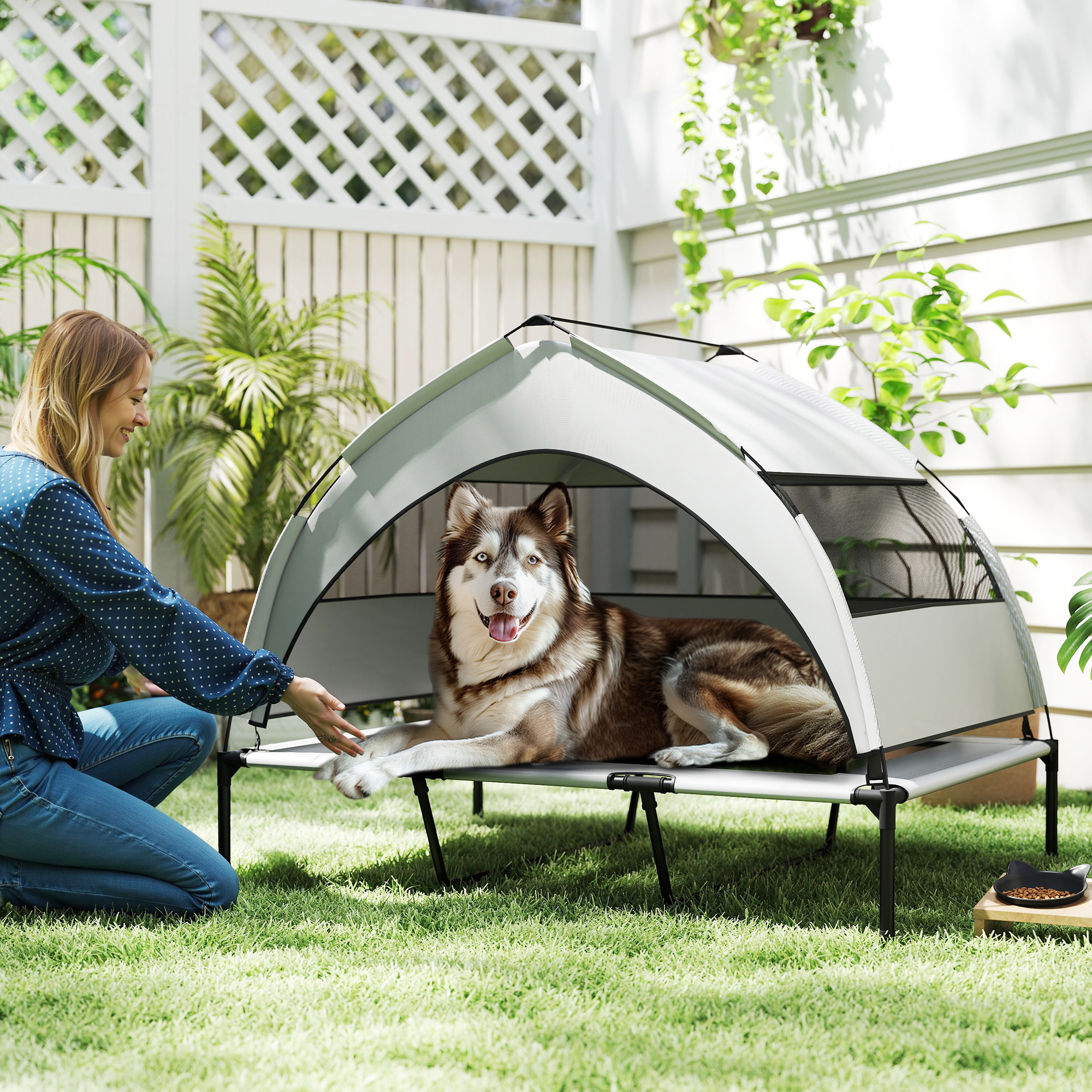 Hundeliege Outdoor mit Dach, erhöhtes Hundebett für extra große Hunde, mit Stahlrahmen, 122x92x94cm, Hellgrau