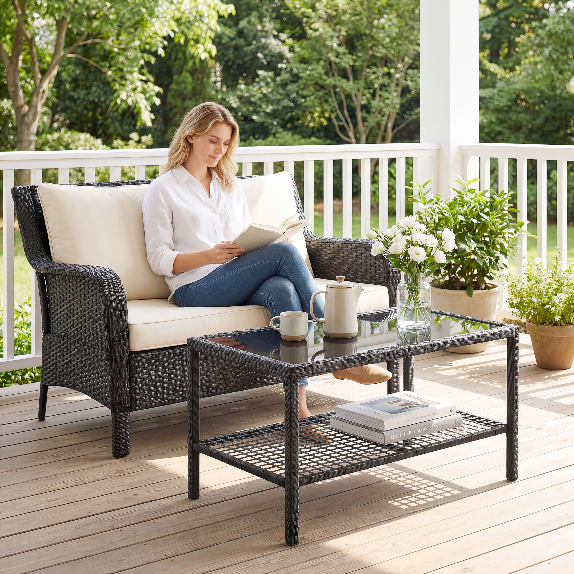Rattan-Couchtisch, zweistufiger Outdoor-Tisch mit Ablagefach, gehärteter Glasplatte und Stahlrahmen, Schwarz