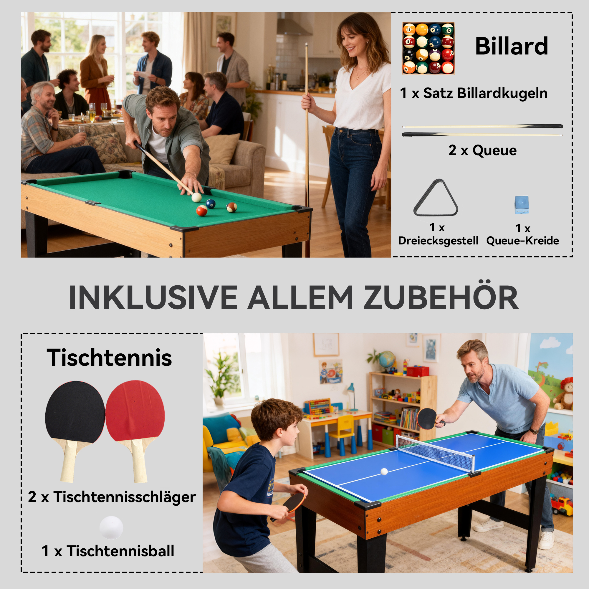 5-in-1 Multispiel-Tisch, 53 Zubehör-Teile, Tischfußball, Tischhockey , Tischtennis, Billard, Basketball, Walnuss