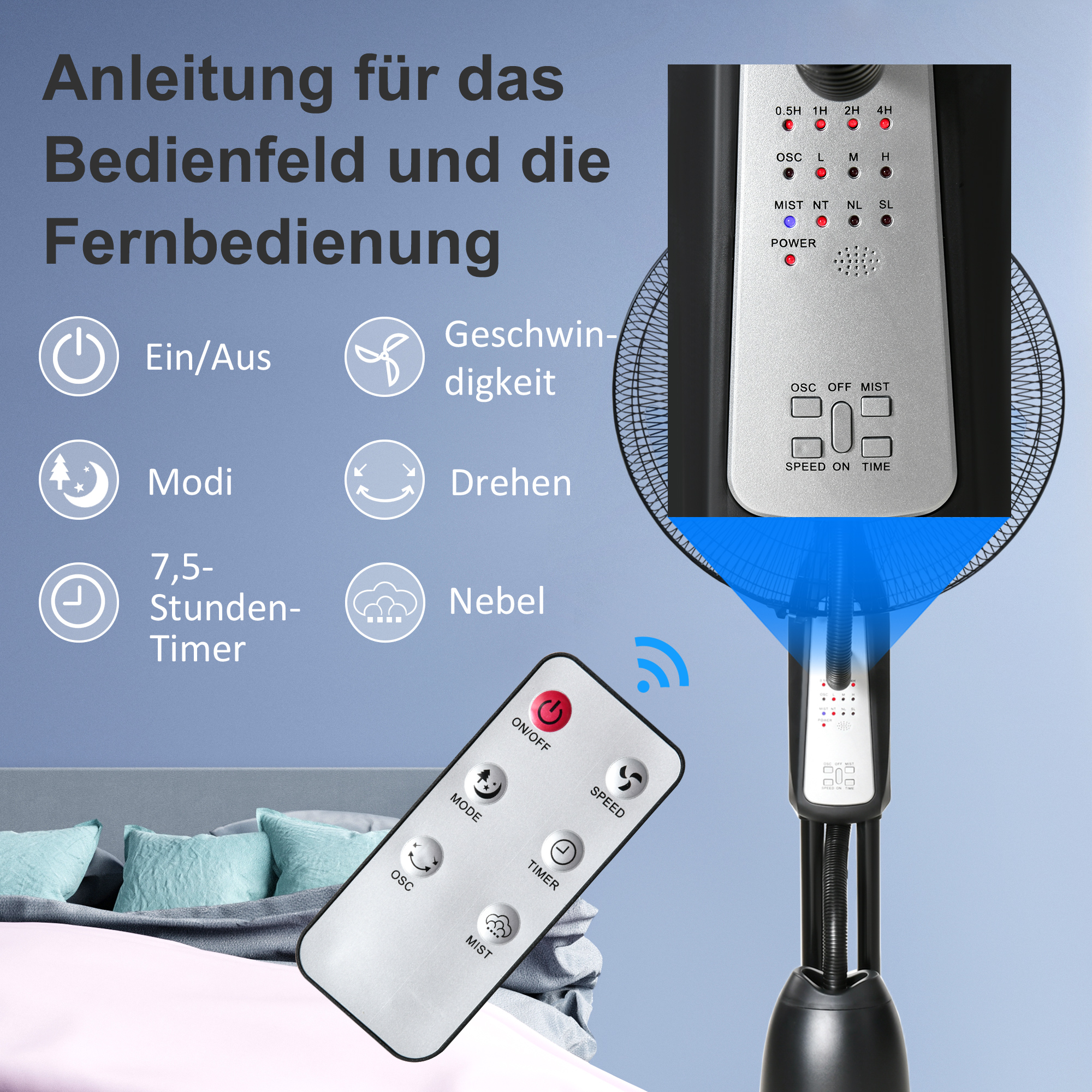 Standventilator, Luftbefeuchter, mit 2,8L Tank, 3 Modi, Fernbedienung, mobil, schwarz, Ø44,5  x 120 cm