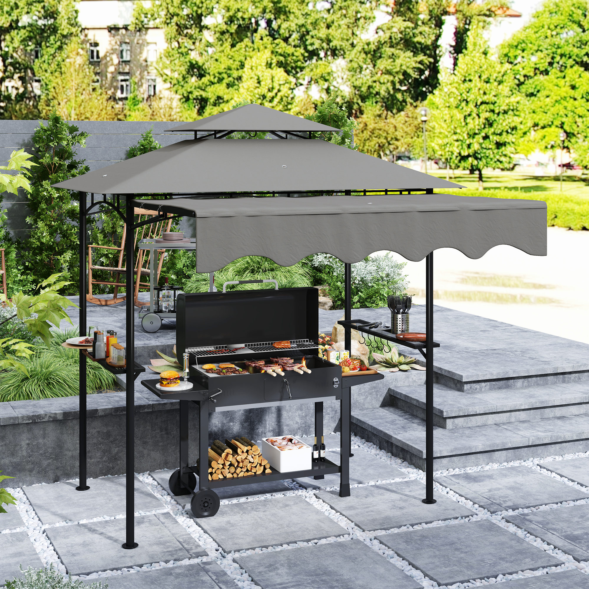 Grillpavillon 242x149x248 cm wasserabweisend flammhemmend Gartenpavillon mit Doppelschichtdach Grau