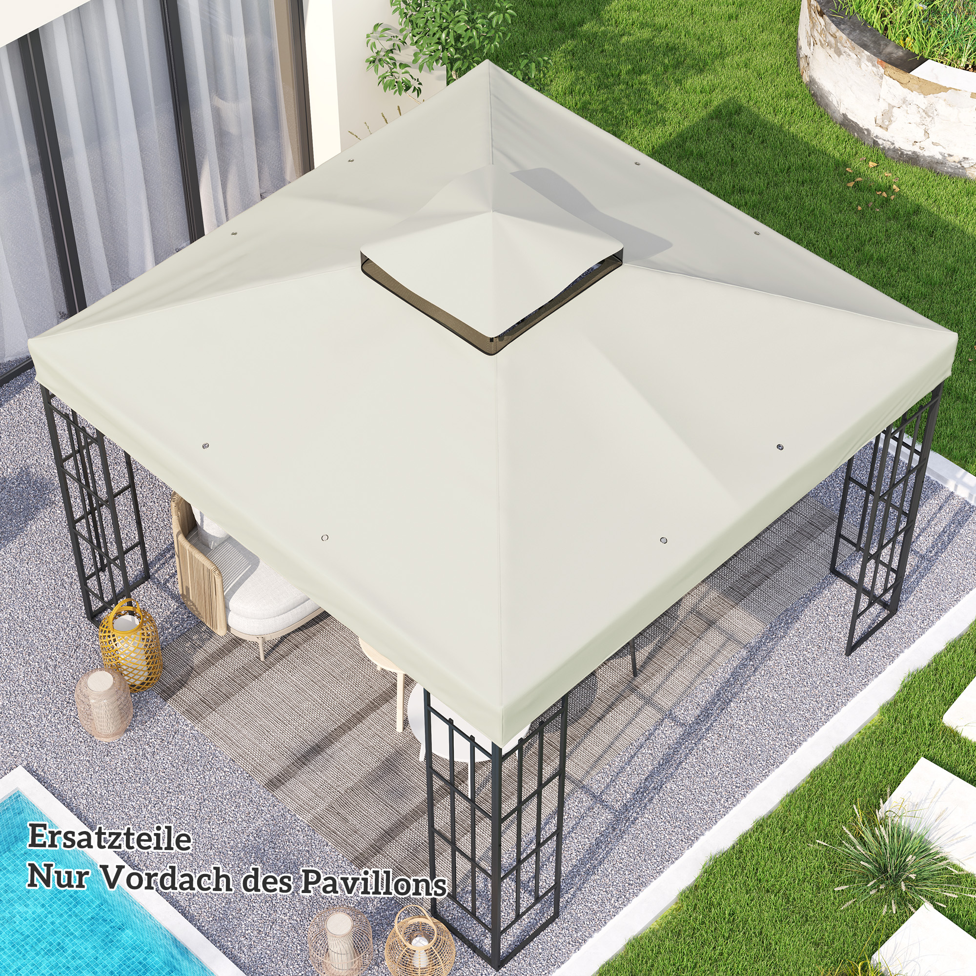 3 x 3 m Ersatzdach für Pavillon, Pavillon-Ersatzplane mit Wasserablauf-Löchern, UPF30+, Sonnenschutz, Hellgrau