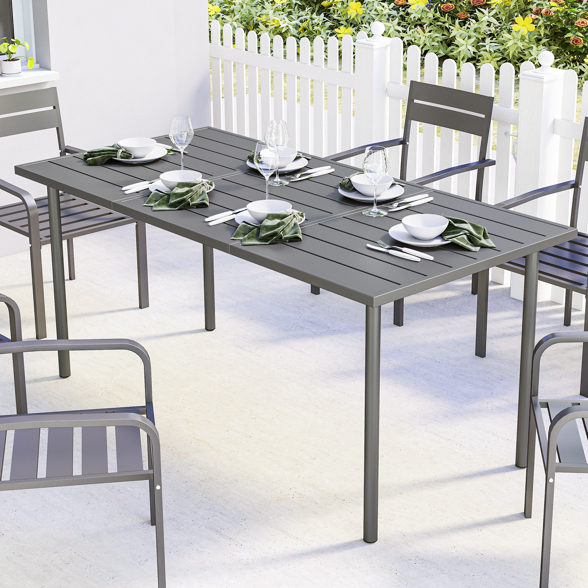 Gartentisch 165 x 80 cm für 6 Personen Esstisch mit Lamellen-Tischplatte Stahlrahmen, Rechteckig