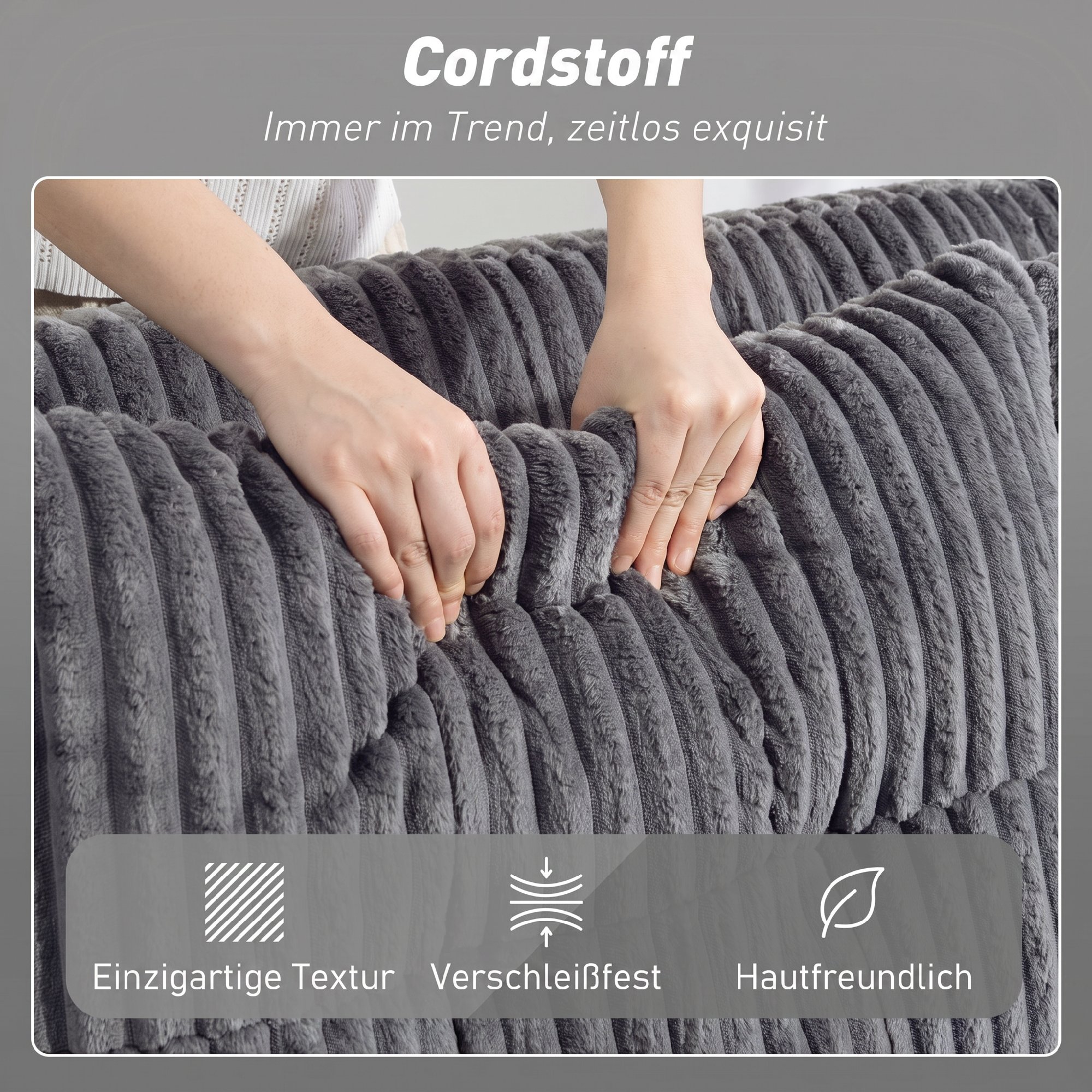 2-Sitzer Sofabett, Cordbezug, zum Schlafsofa umwandelbar, 2 Kissen, Seitentaschen, 157 x 190 cm, Dunkelgrau