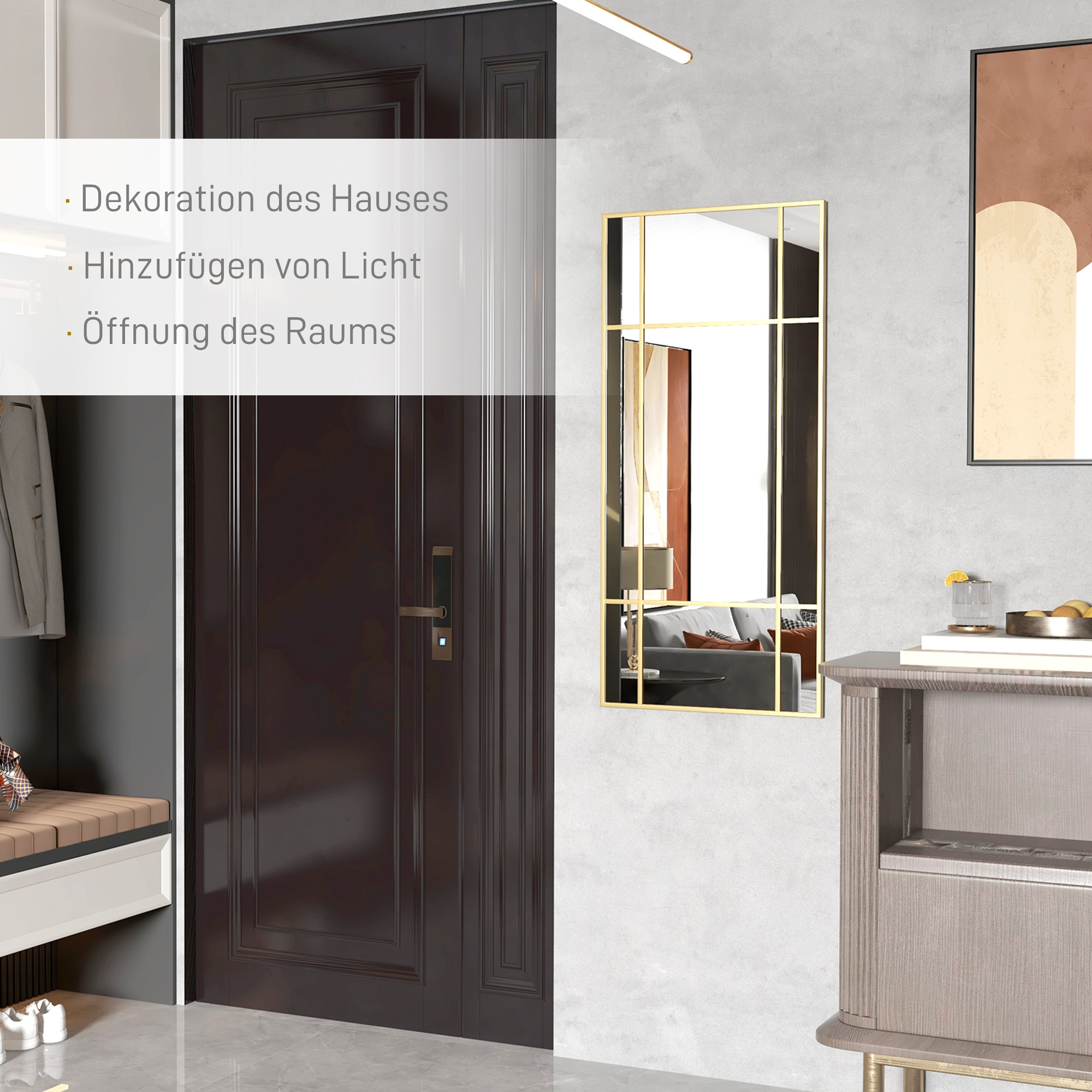 Wandspiegel, dekorativer Spiegel mit Metallrahmen, goldfarbene Streifen, Mehrschichtglas, 110B x 2T x 50H cm