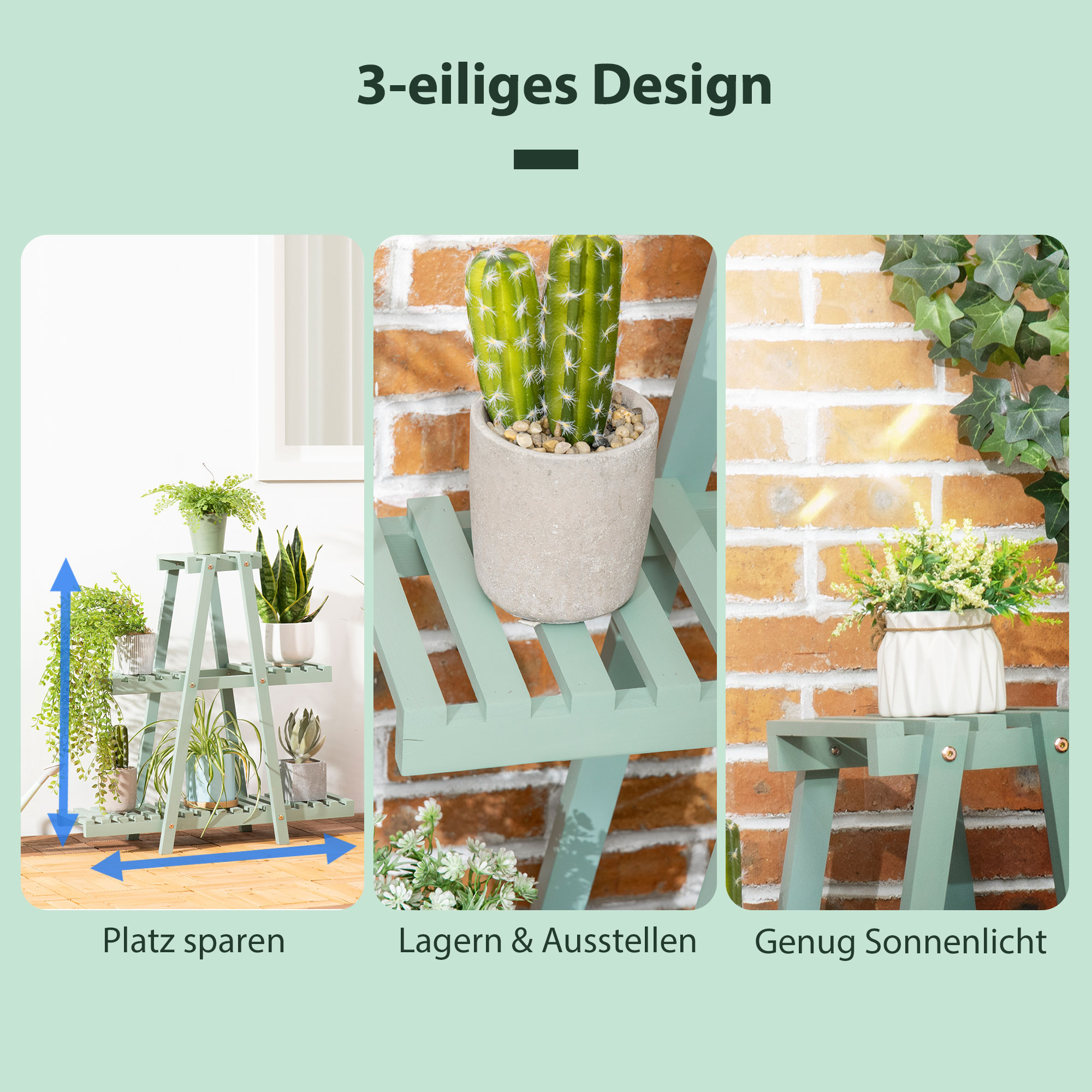 Pflanzenregal mit 3 Ebenen, für 6 Blumentöpfen, wetterbeständig, 76 cm x 26 cm x 76 cm, Hellgrün