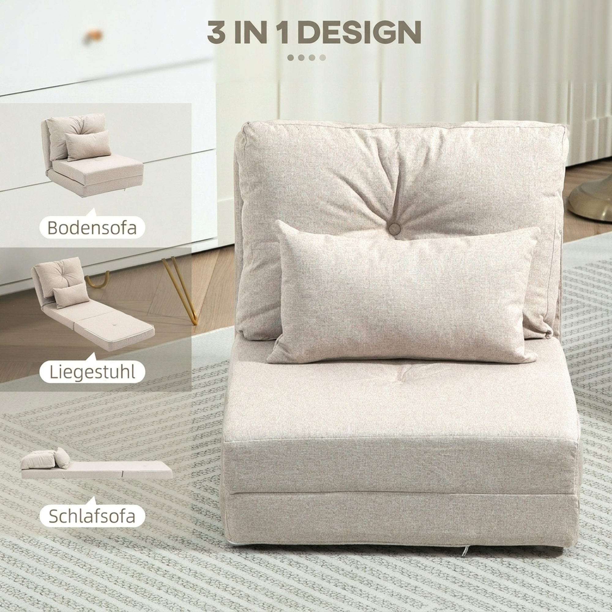 Bodensessel Klappmatratze Schlafmatte, 2-in-1-Design, abnehmbares Kissen, 60 x 80 x 56 cm, Beige