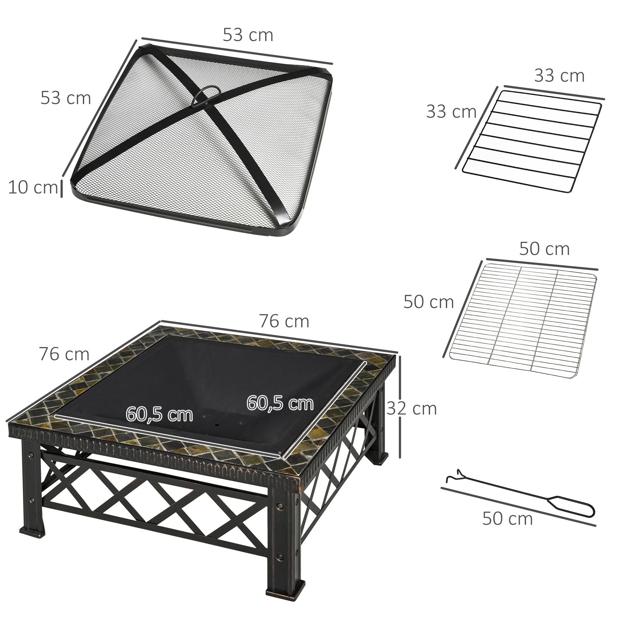 3-in-1 Feuerschale Feuerkorb Feuerstelle mit Funkenschutz Grillrost Eiskübel Garten BBQ Schwarz 76cm x 76cm x 47cm