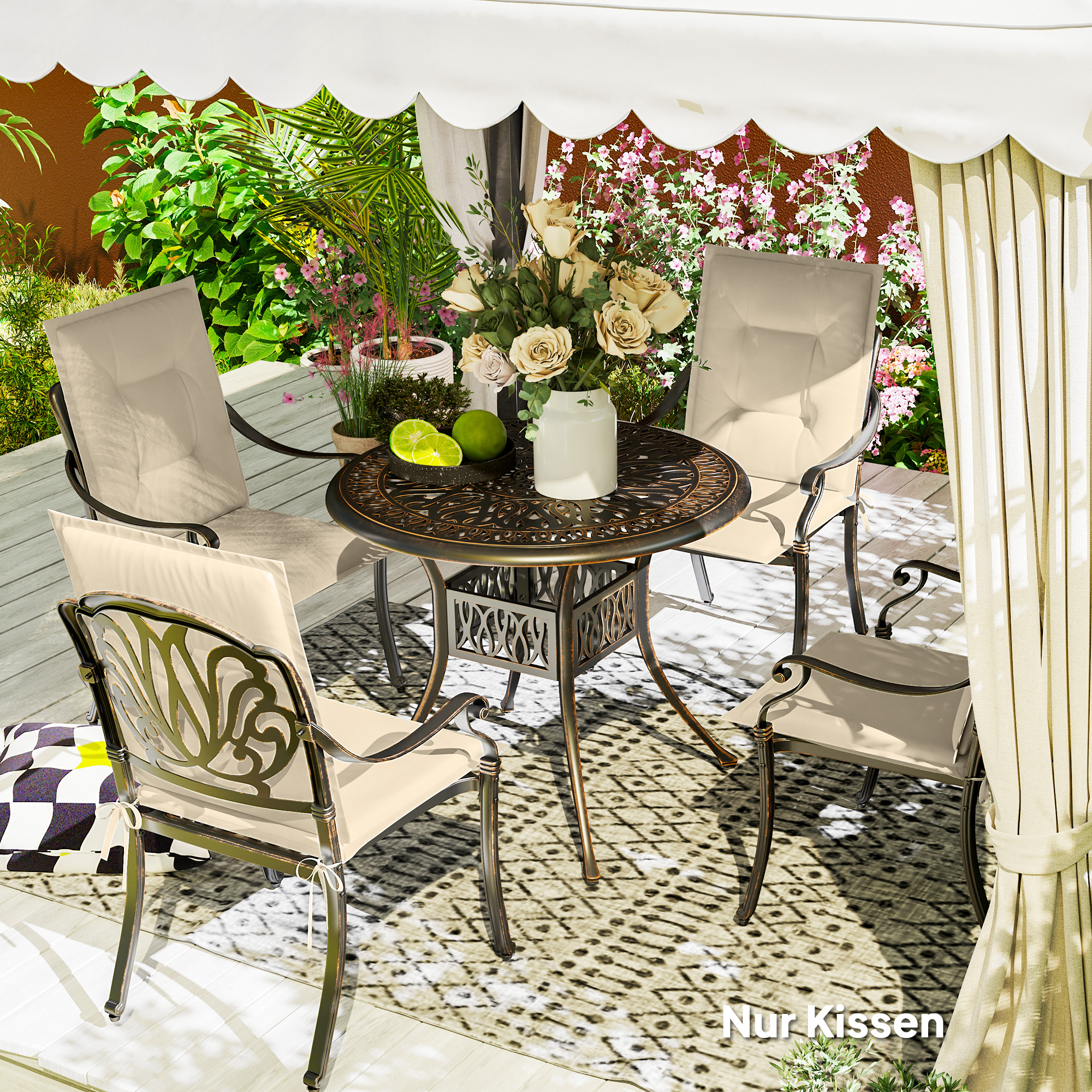 4er Set Sitzkissen 108 x 50 x 5 cm Stuhlkissen mit Bändern, Outdoor Indoor Sitzauflage Beige