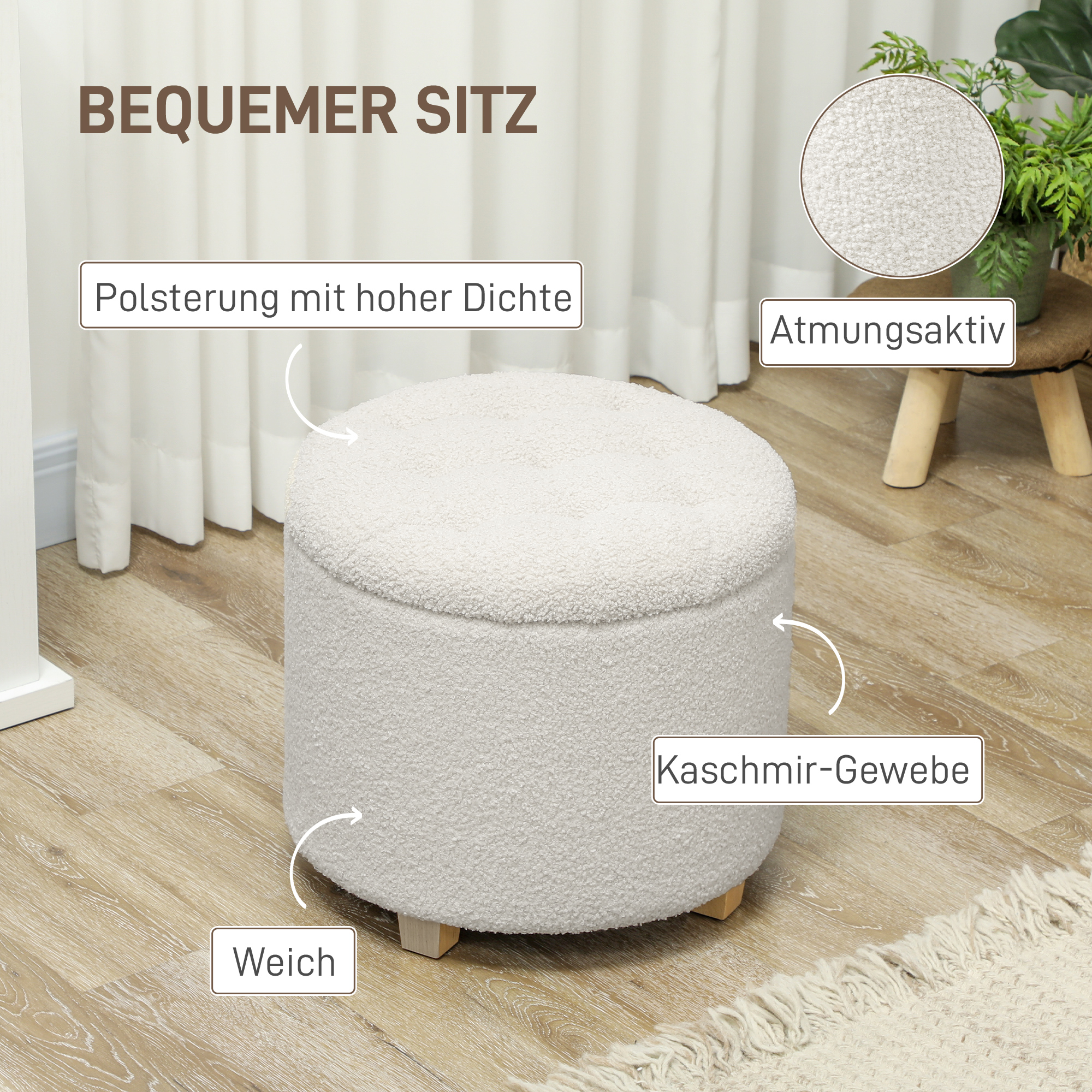 Sitzhocker mit Stauraum, Hocker mit Deckel, runder Fußhocker, Aufbewahrungsbox, mit Holzbeinen, Weiß