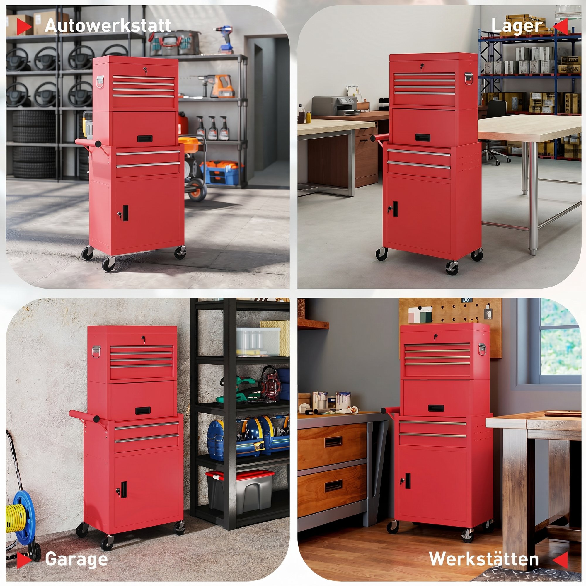 rollbarer Werkzeugschrank, 6 Schubladen, 2 Schränke, Stahl, verschließbar, Rot