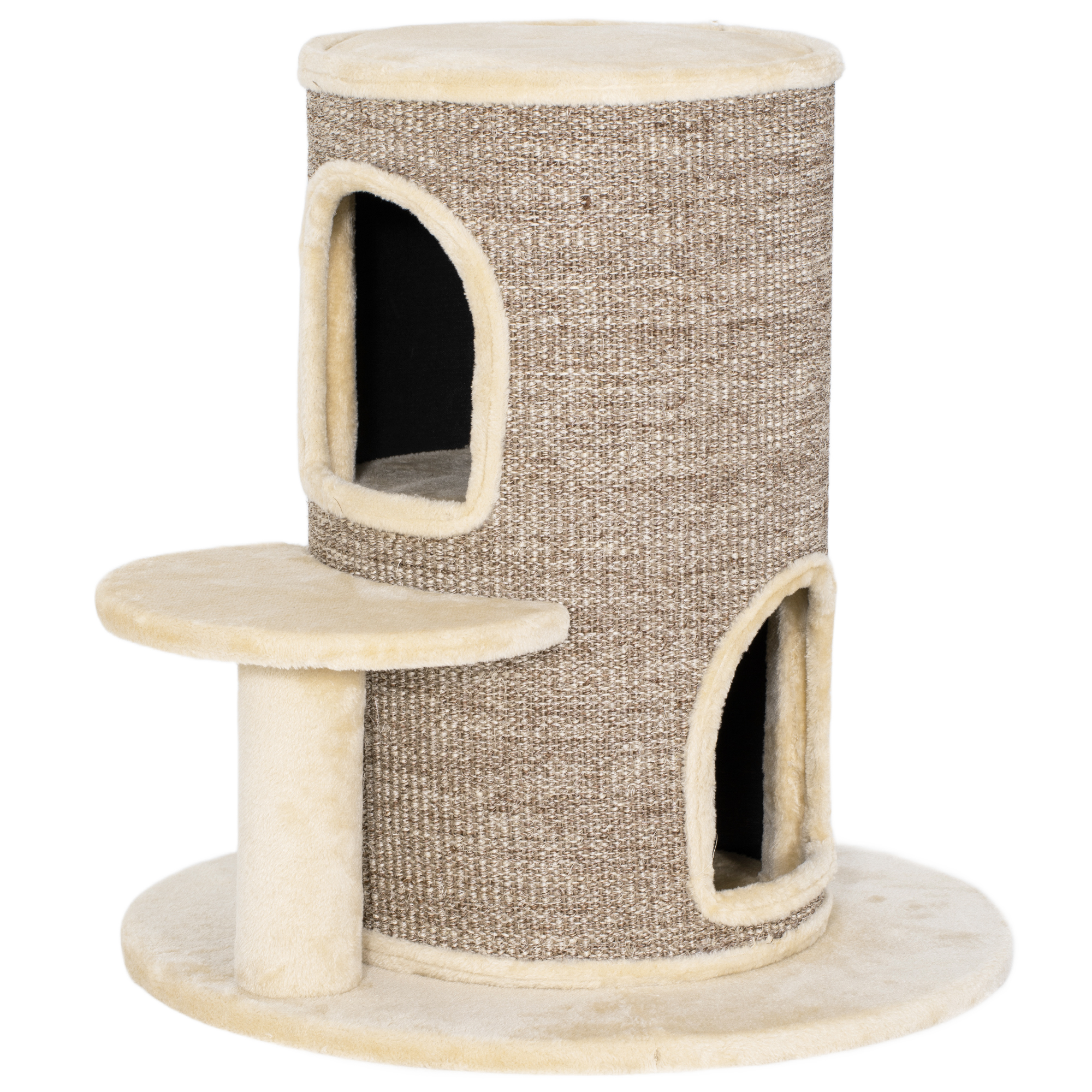 Katzenfass, Kratzbaum mit 2 Ebenen, Sprungplattform, Aussichtspunkt, Kratzmatte, zum Ausruhen und Spielen, Beige