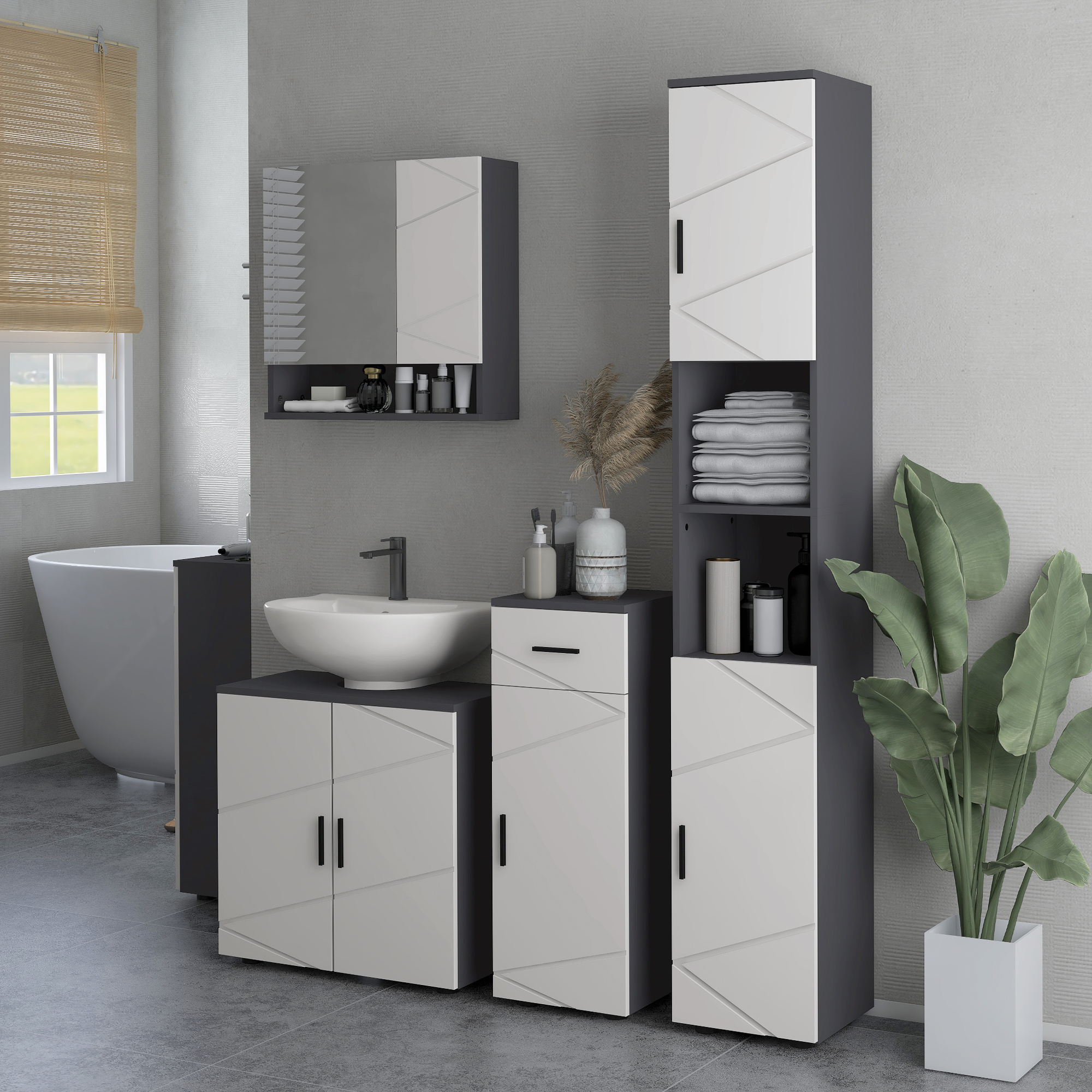 Badezimmerschrank, Badschrank, verstellbare Regale, Spanplatte, Hellgrau