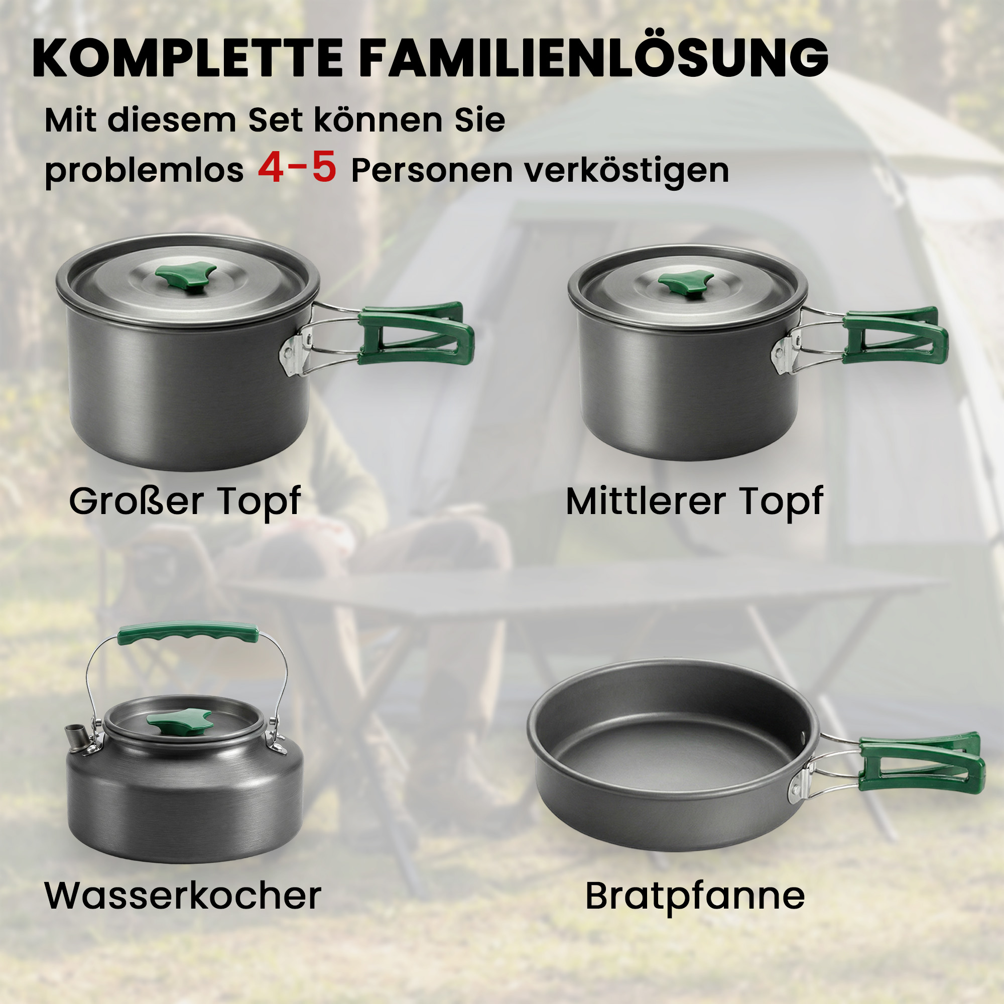 Camping Kochgeschirr Set 5-teiliges Outdoor Geschirr Set mit Anti-Verbrühungsgriffen Topf Pfanne für 4-5 Personen Grau