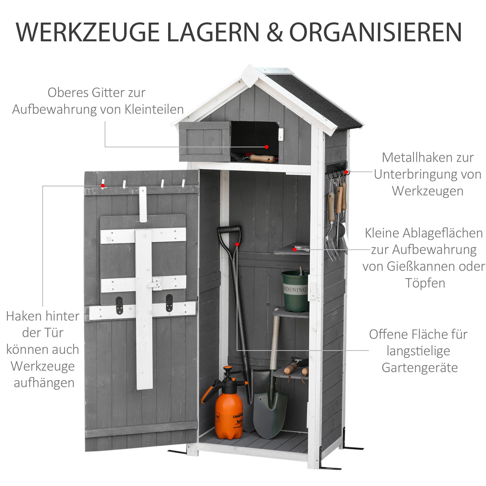 Gartenschrank Holz, Geräteschuppen wetterfest 78x52,5x182cm, Gerätehaus mit Tür, Satteldach, Geräteschrank mit Haken, faltbar Tisch, Werkzeugschrank Gartenschuppen für Garten, Terrasse, Grau
