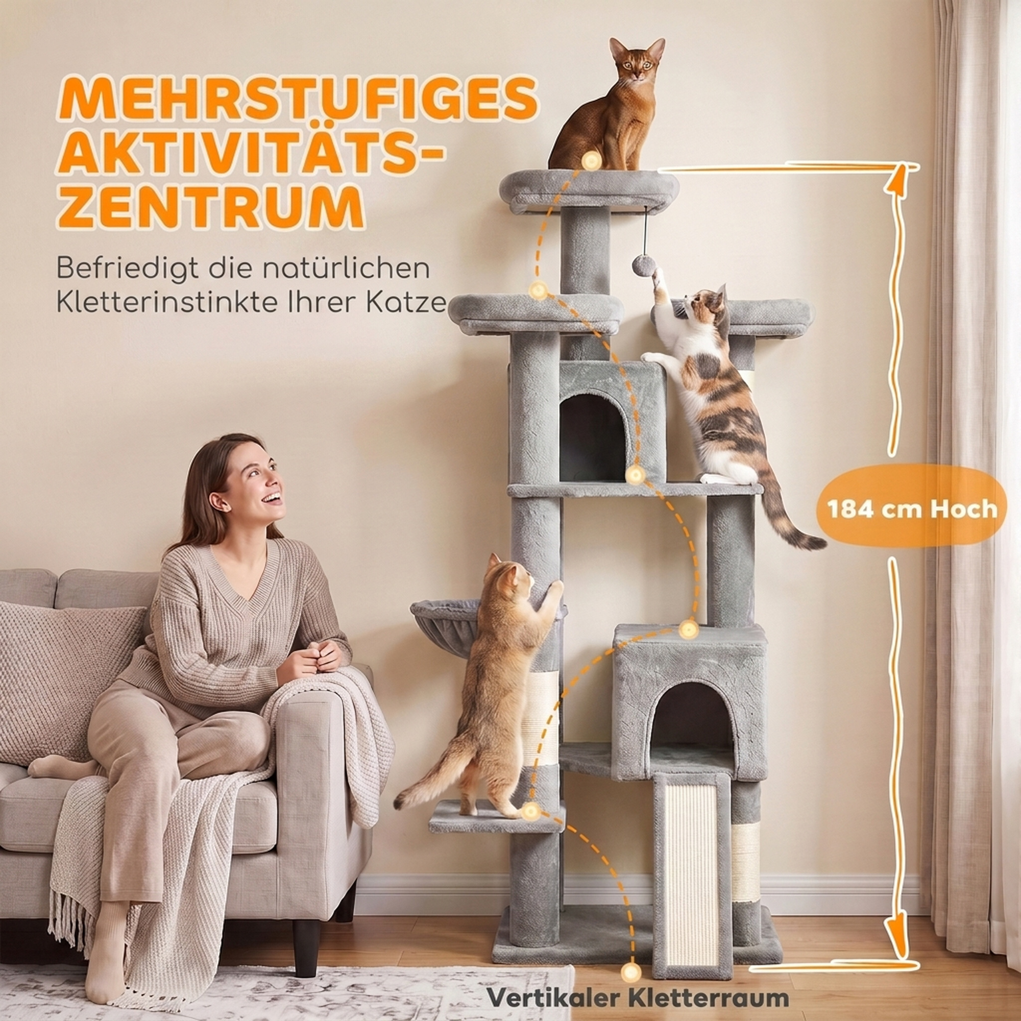 Kratzbaum Groß 184 cm hoch Katzenbaum mit 3 Kratzstämmen Liegeflächen Spielball Hängematte Leiter, Katzen unter 6 kg