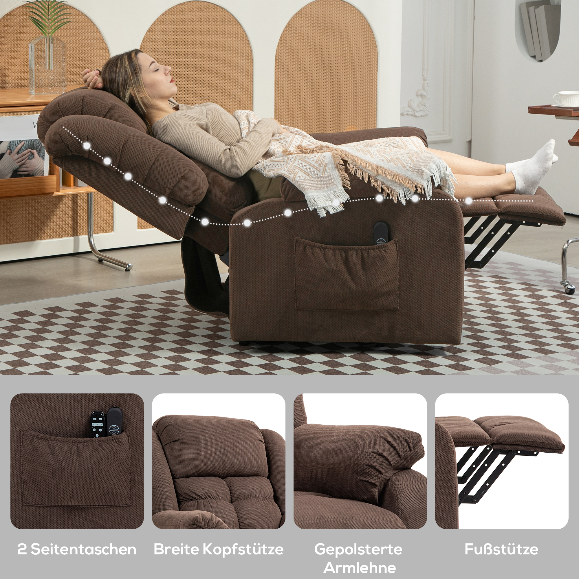 Aufstehsessel mit Massagefunktion und Lendenheizung, Recliner-Sessel mit Fernbedienungen und Seitentaschen, Dunkelbraun