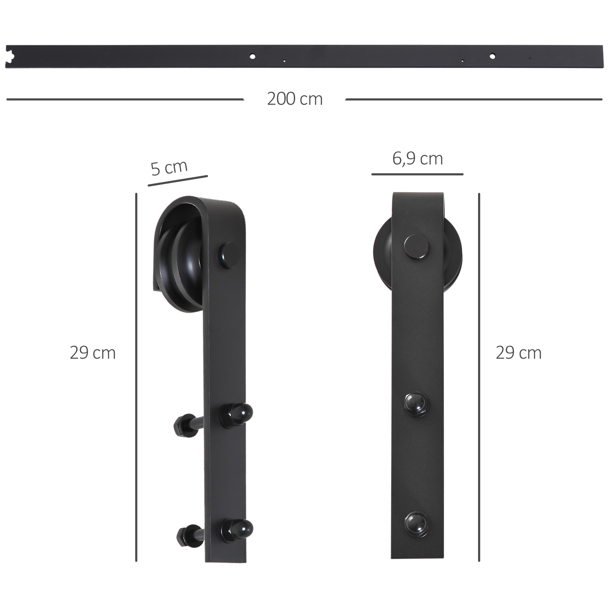Gleitschienen-Bausatz für Schiebetür, bis 90 kg, Kohlenstoffstahl, 200 cm, Schwarz, inkl, Werkzeuge