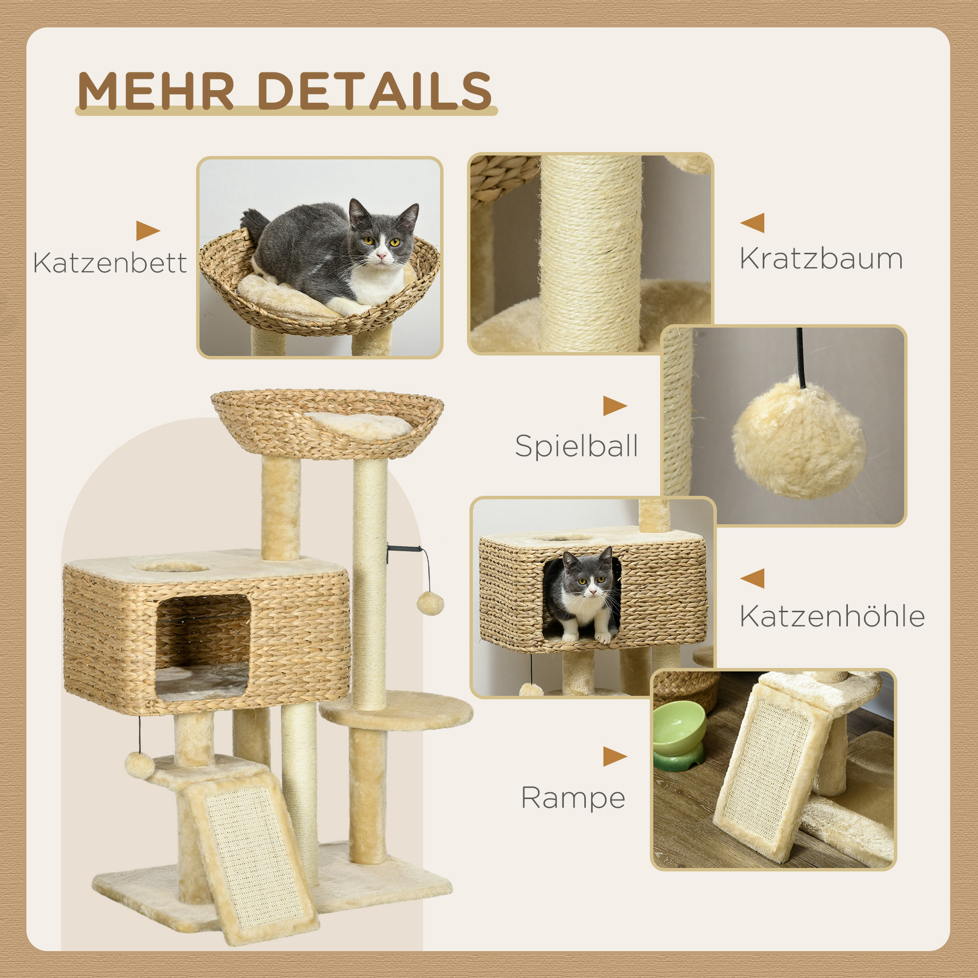 Kratzbaum Katzenbaum, 1 Katzenhöhle, 1 Katzbenbett, 1 Liegefläche, 1 Rampe, 60 cm x 40 cm x 98 cm, Natur + Beige