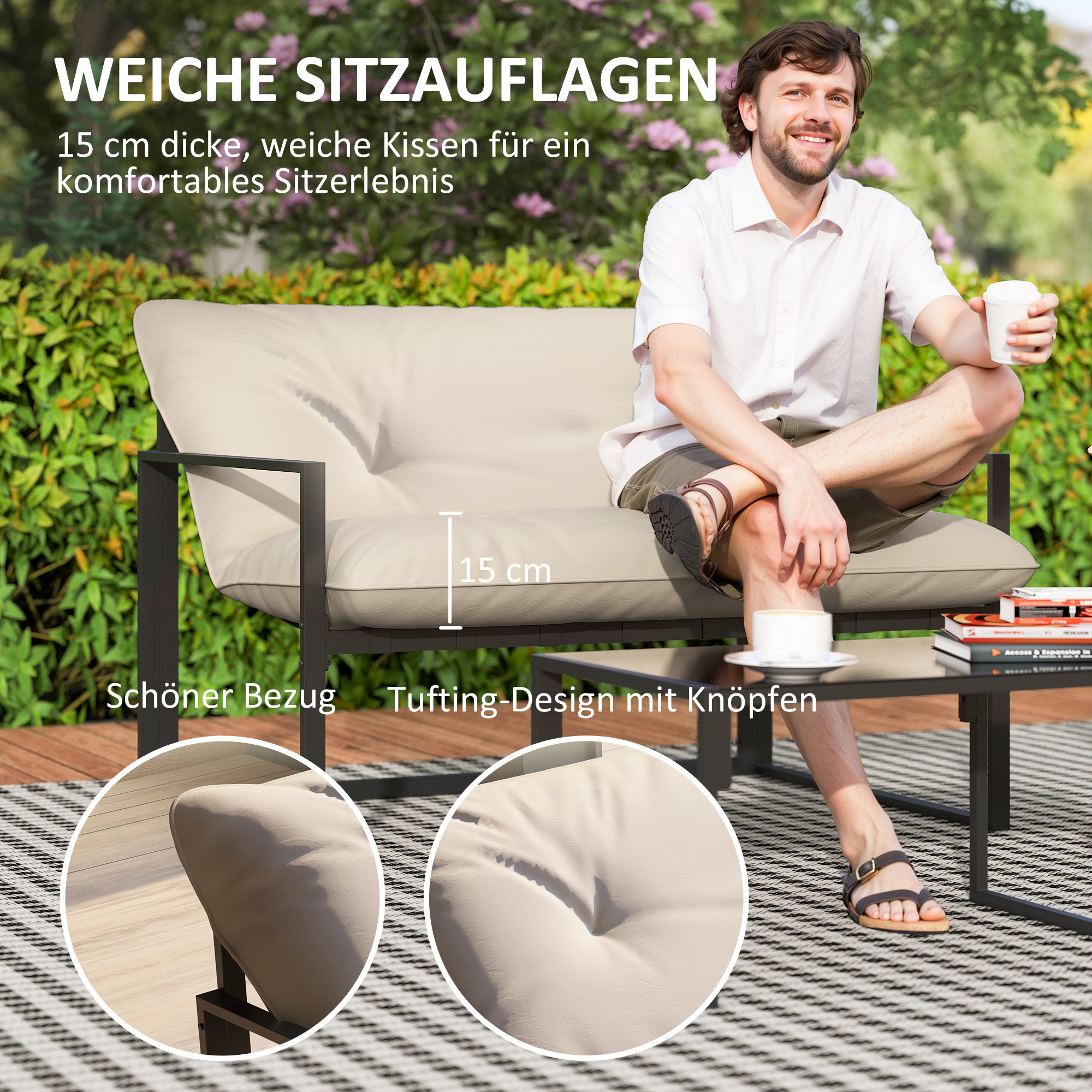 Gartenmöbel-Set, 1 Glastisch, 2 Sessel. 1 Sofa, wetterbeständig,114 cm x 70 cm x 67 cm, Grau+Beige