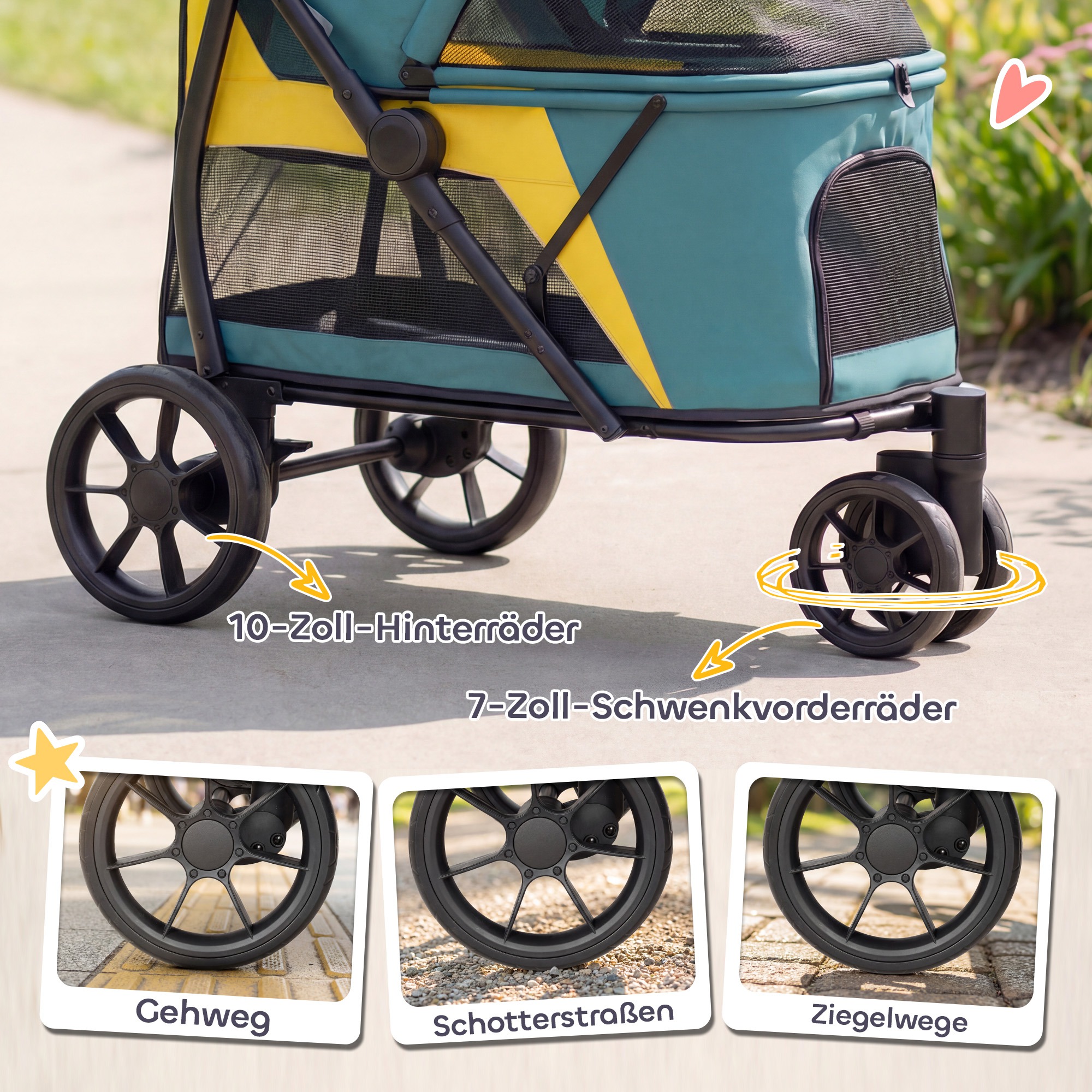Hundewagen Faltbar Hundebuggy bis 20kg mit Kissen, Netzfenstern, Rückentasche, 92 x 63 x 95 cm Dunkelgrün