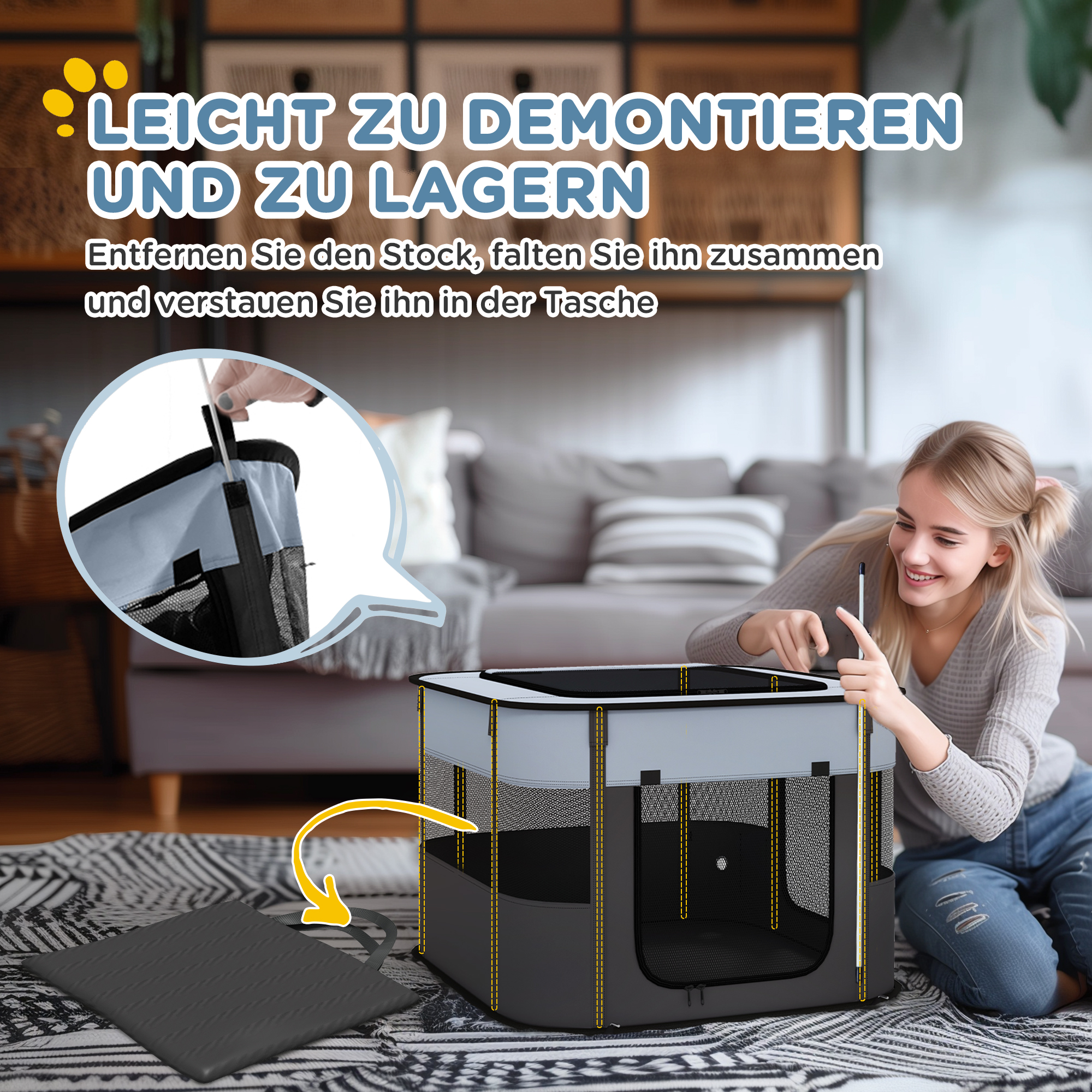 Spielgehege für Haustiere, faltbar, mit Aufbewahrungstasche, für Welpen und Kätzchen, drinnen und draußen, Grau