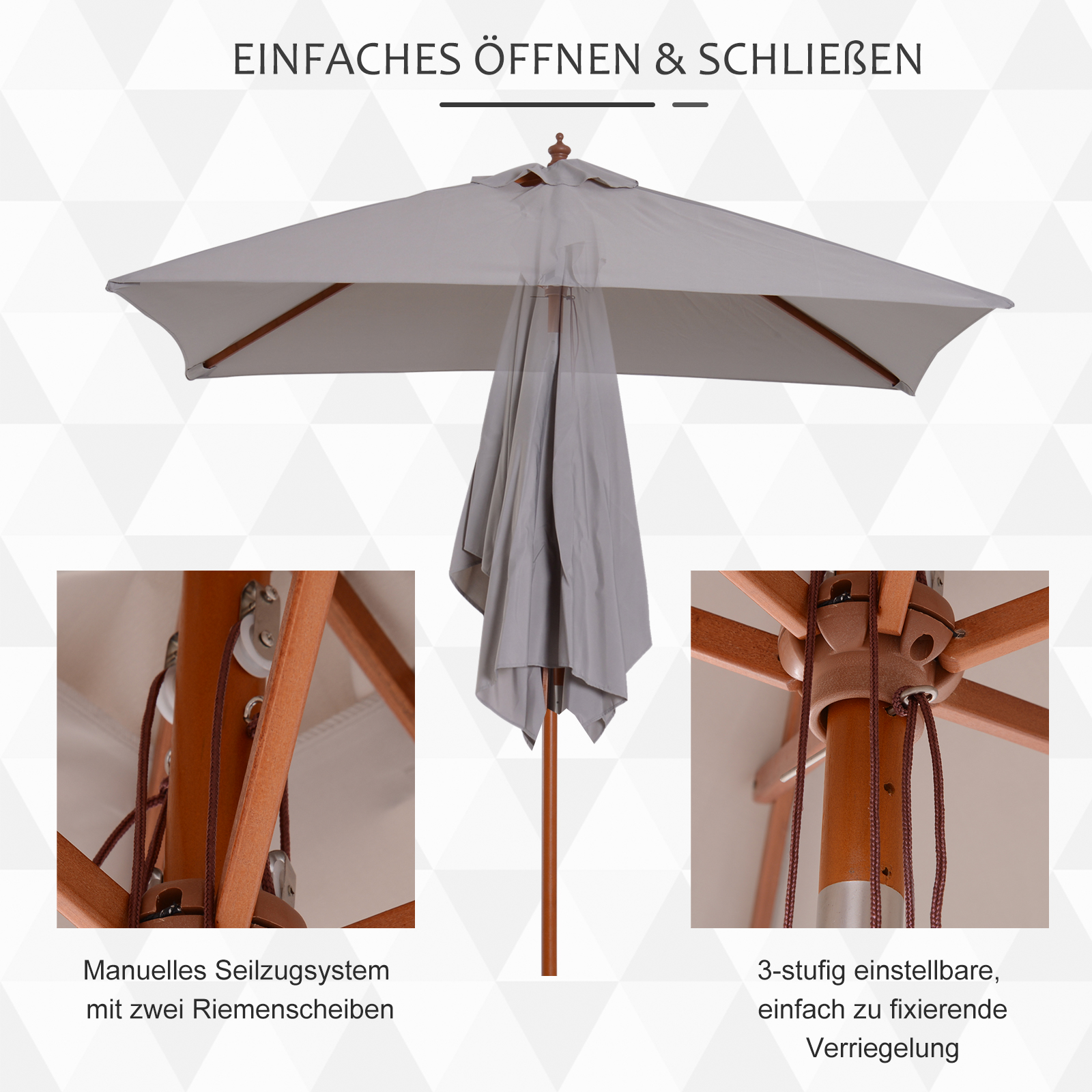 Sonnenschirm 200 x 150 x 235 cm Knickbarer Gartenschirm 3-stufig einstellbar rechteckig Strandschirm wasserabweisend und UV-beständig für Strand Balkon Terrasse Garten Grau