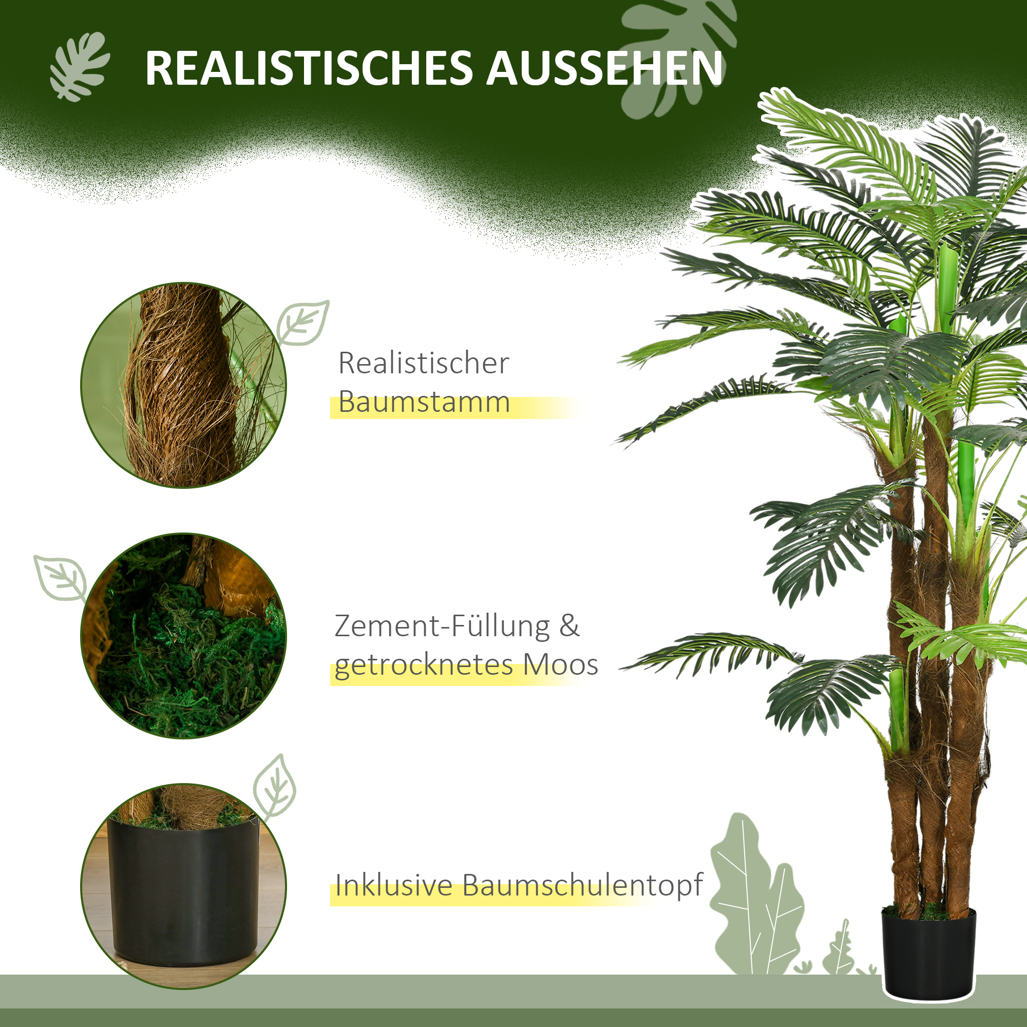 Künstliche Palme, 1,6 m, realistische Zweige, Dekorationspflanze, Kunststoff, mit Topf, Braun+Grün
