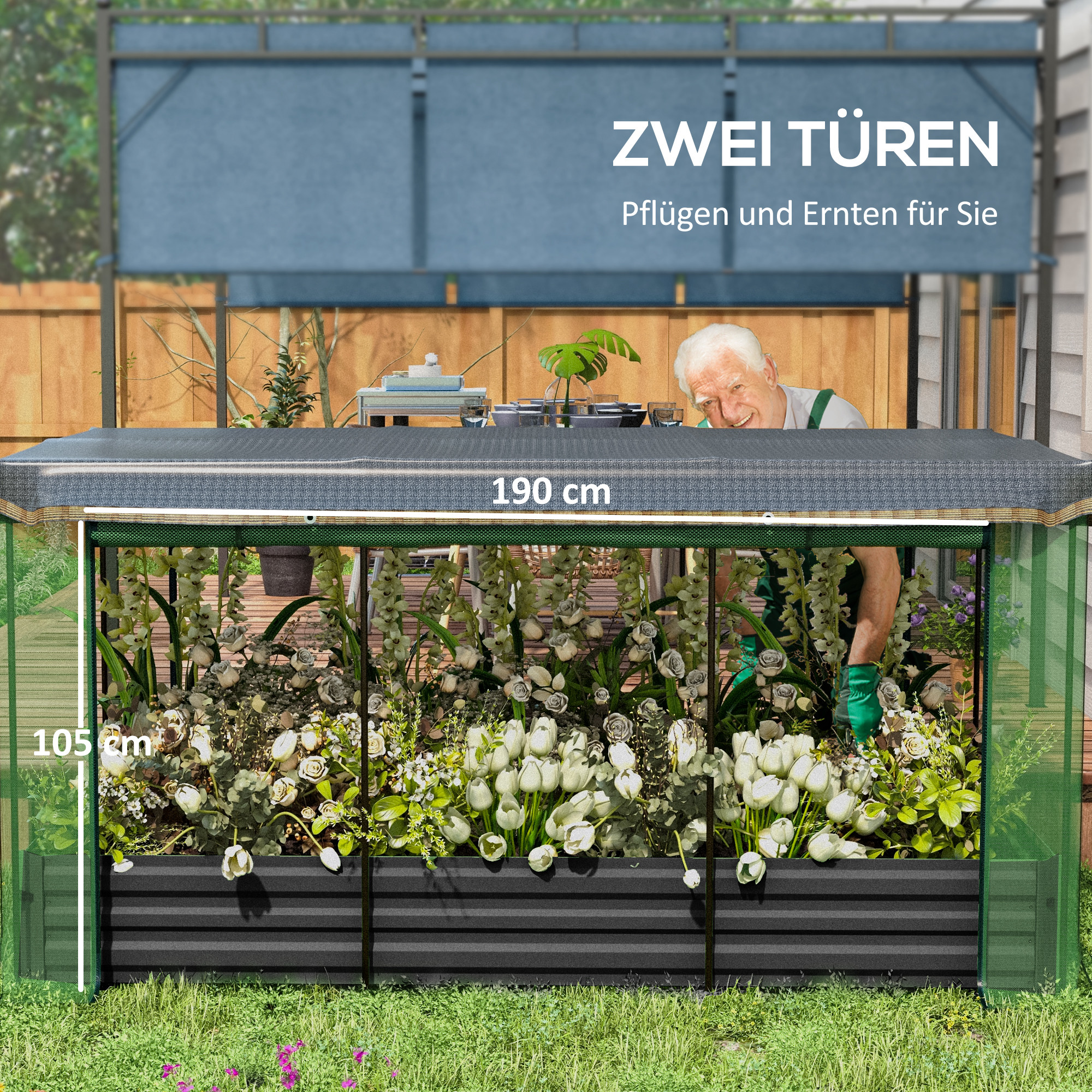 Hochbeet mit Vogelschutznetz und Sonnenschutz, Metall-Gehäuse, 230x110x110 cm, Grau/Grün/Schwarz