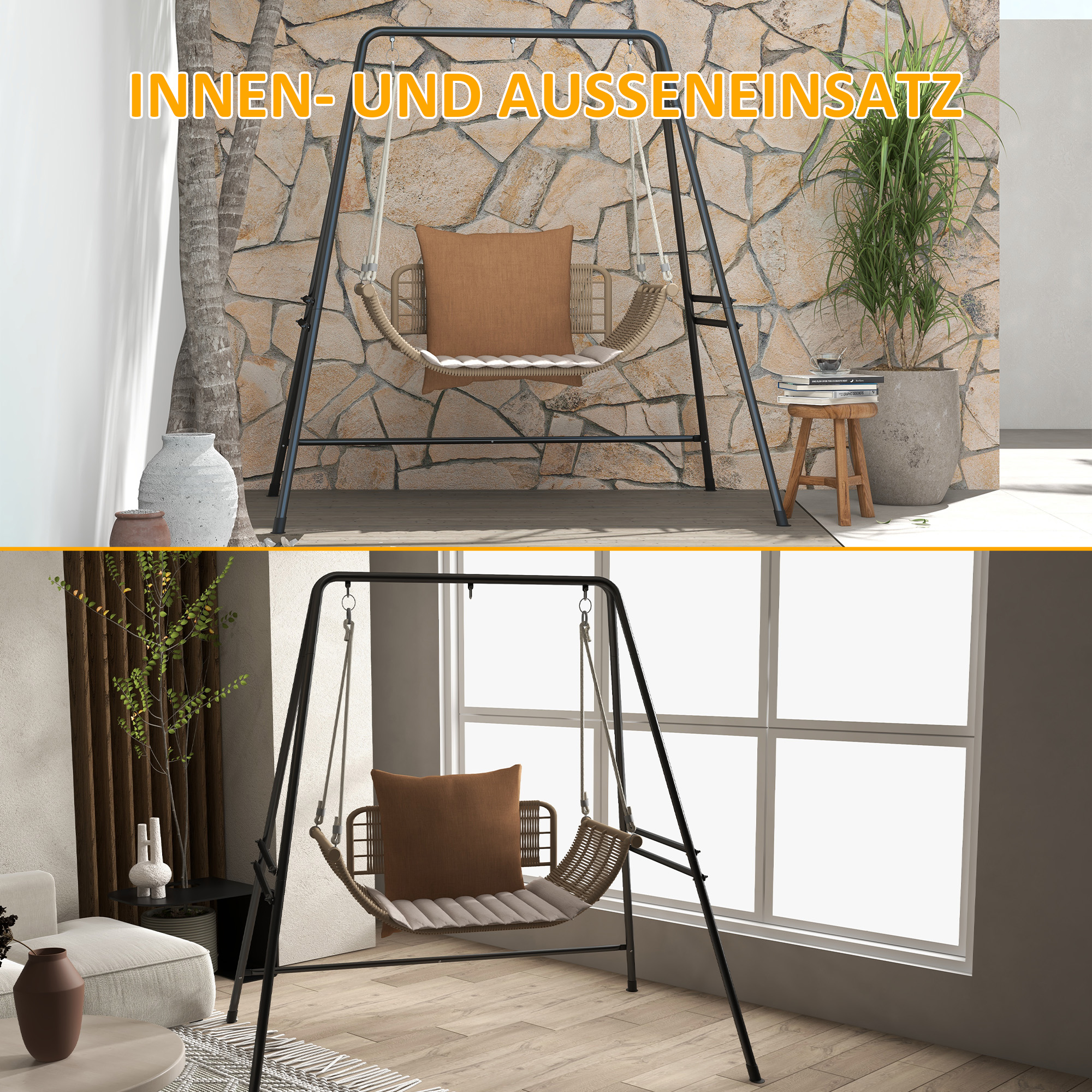 Hängestuhlgestell, robust & wetterfest, Indoor & Outdoor, bis 150 kg, Stahl, 178 x 143 x 180 cm, Schwarz