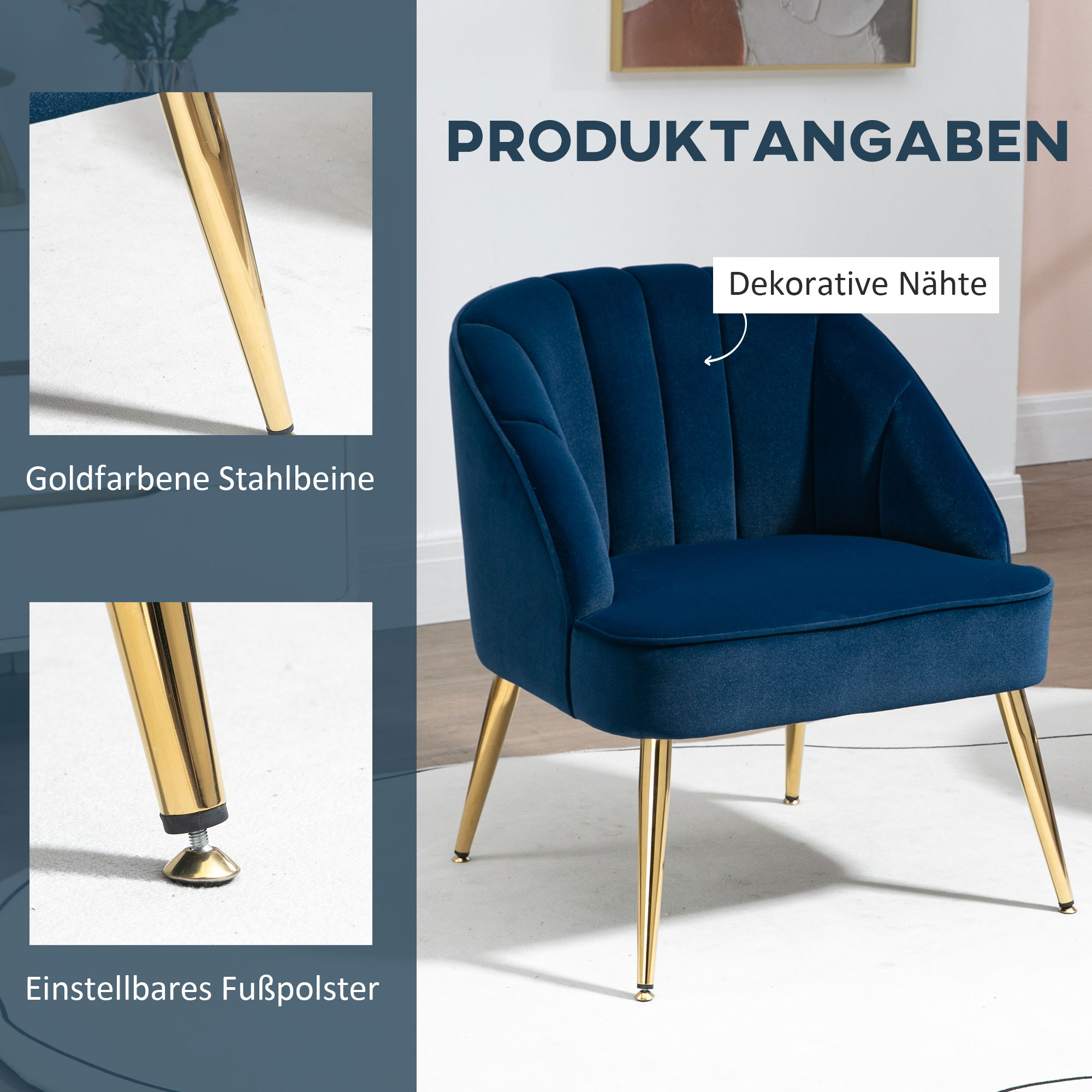 Sessel in Retrodesign, Lesesessel, Akzentsessel, Samtoptik, Blau + Gold