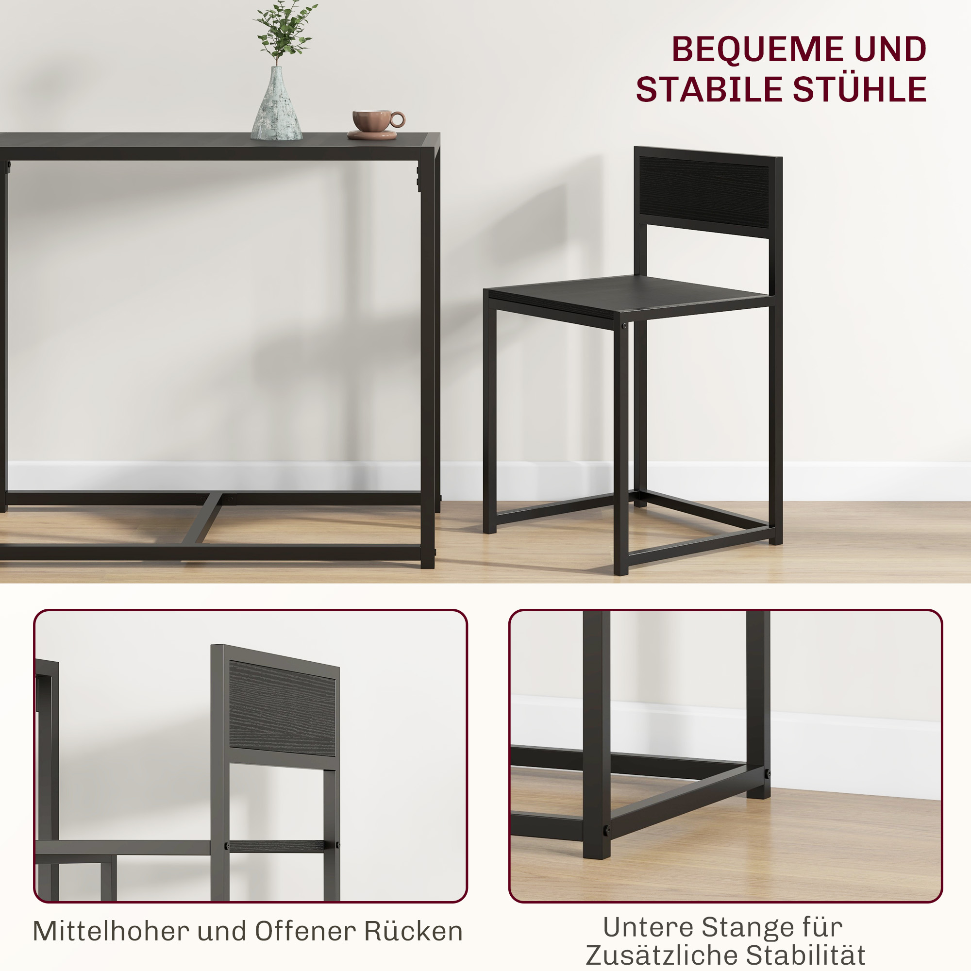 3-teiliges Bartisch-Set Hochtisch-Set 3-teilig, 2 Stühle, 1 Tisch, 90 cm x 47 cm x 76  cm, Schwarz