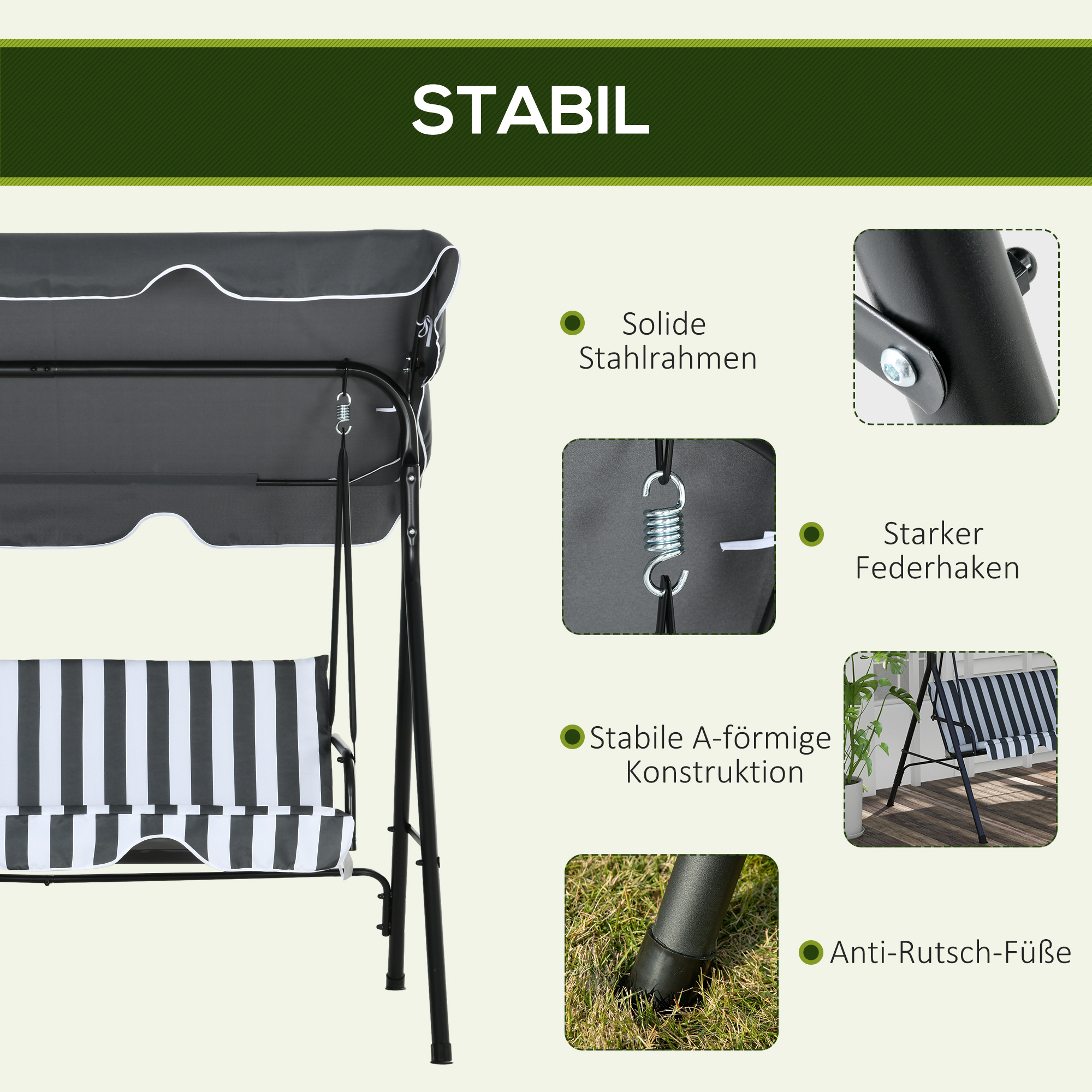 Hollywoodschaukel, Gartenschaukel, 3-Sitzer Schaukelbank mit Dach, Stahl, 172 x 110 x 153 cm, Grau+Weiß