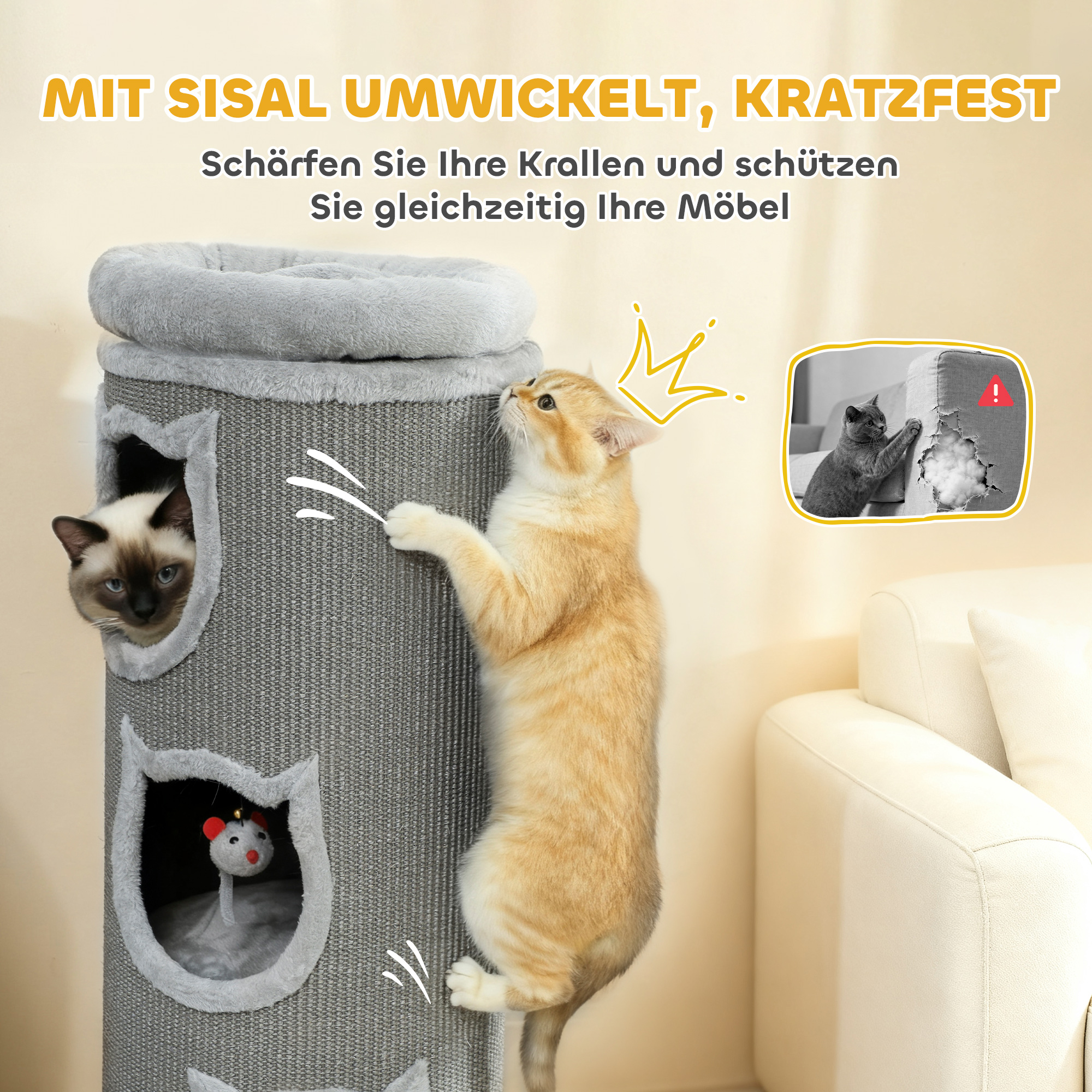 Katzenkratzfass, 96 cm, 4-Ebenen-Katzenturm mit waschbarem Bett, 3 Schlafhöhlen, Hängespielzeug, für mehrere Katzen Grau