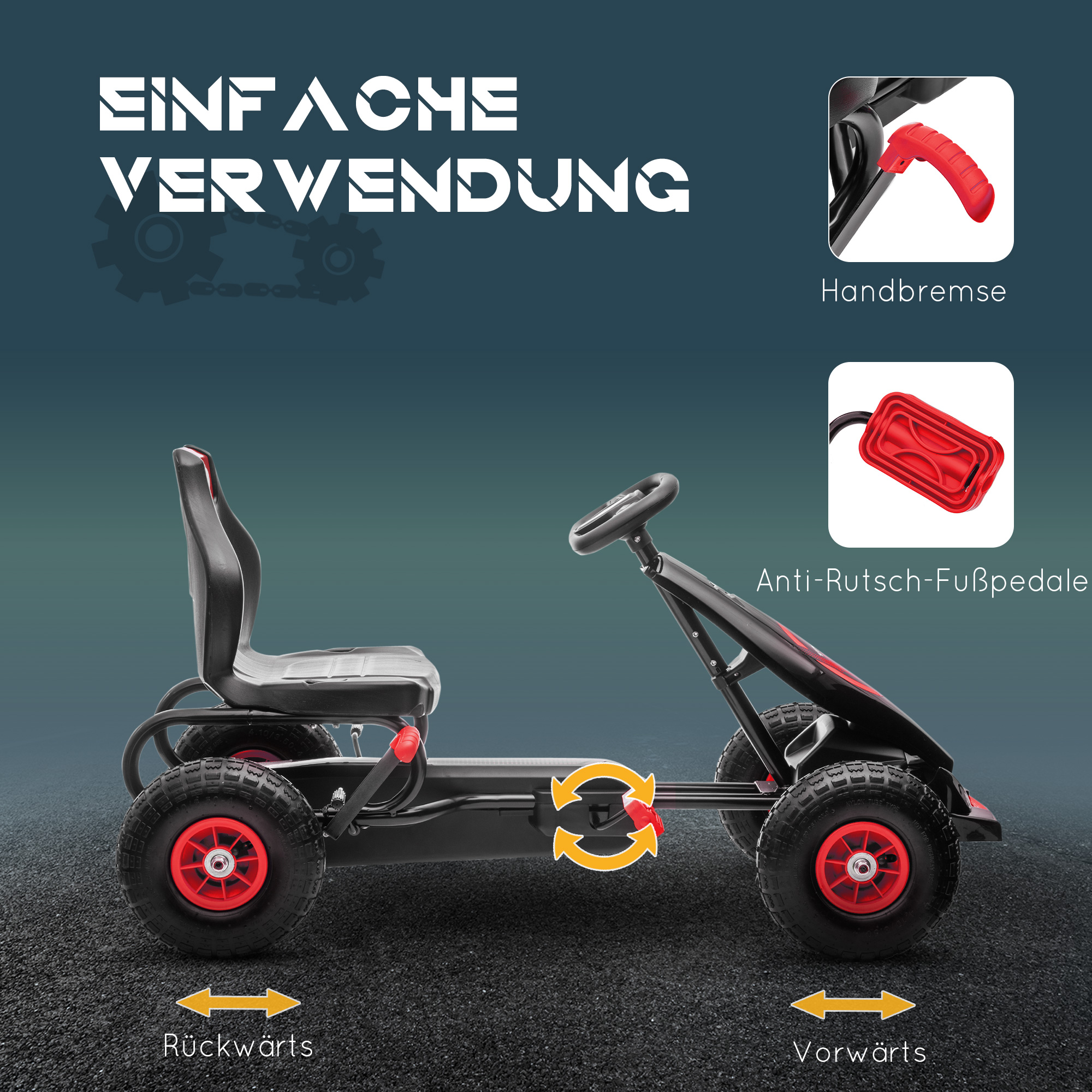 Kinder-Gokart, mit Pedalen, verstellbarem Sitz, In- und Outdoor, ab 5 Jahren, Rot+schwarz, 121 x 58 x 61 cm