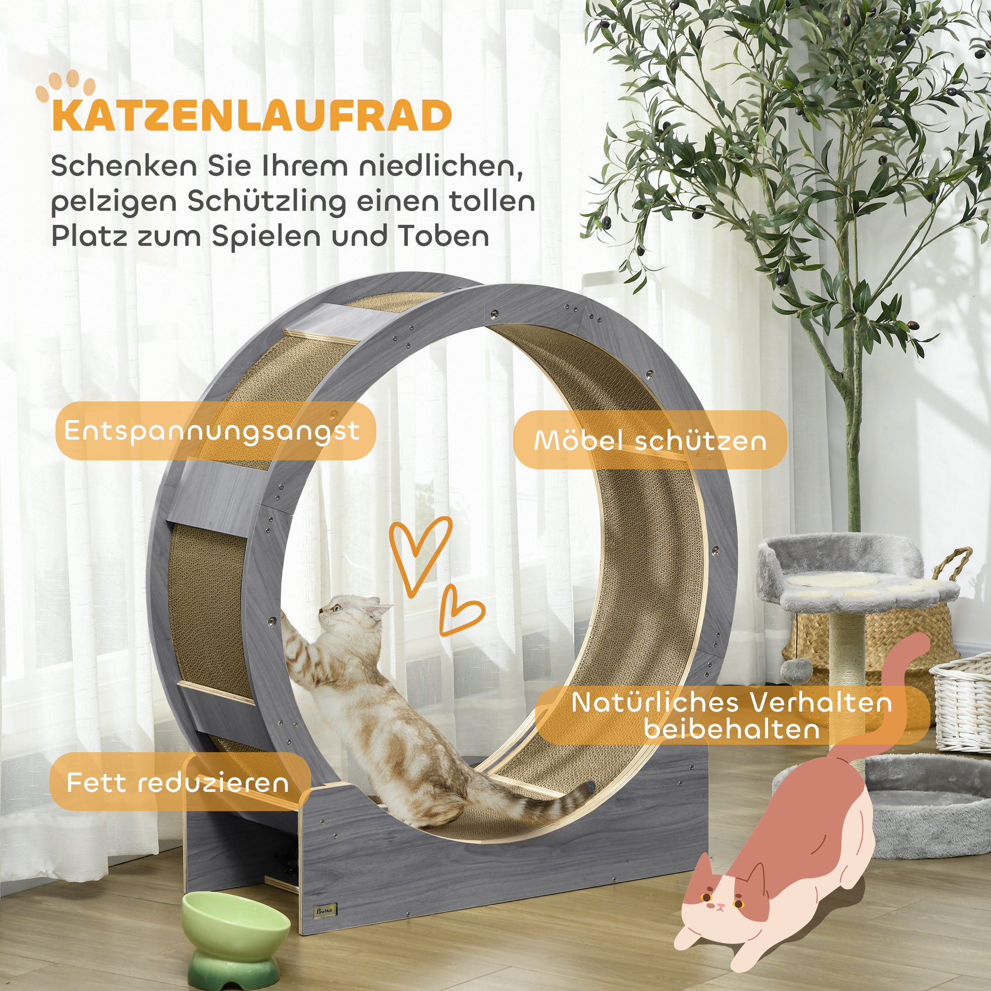 Katzenlaufrad, Laufrad für Katzen, 91 cm, mit Bremse, Kratzmatte, Katzenrad für gesunde Bewegung, Walnuss