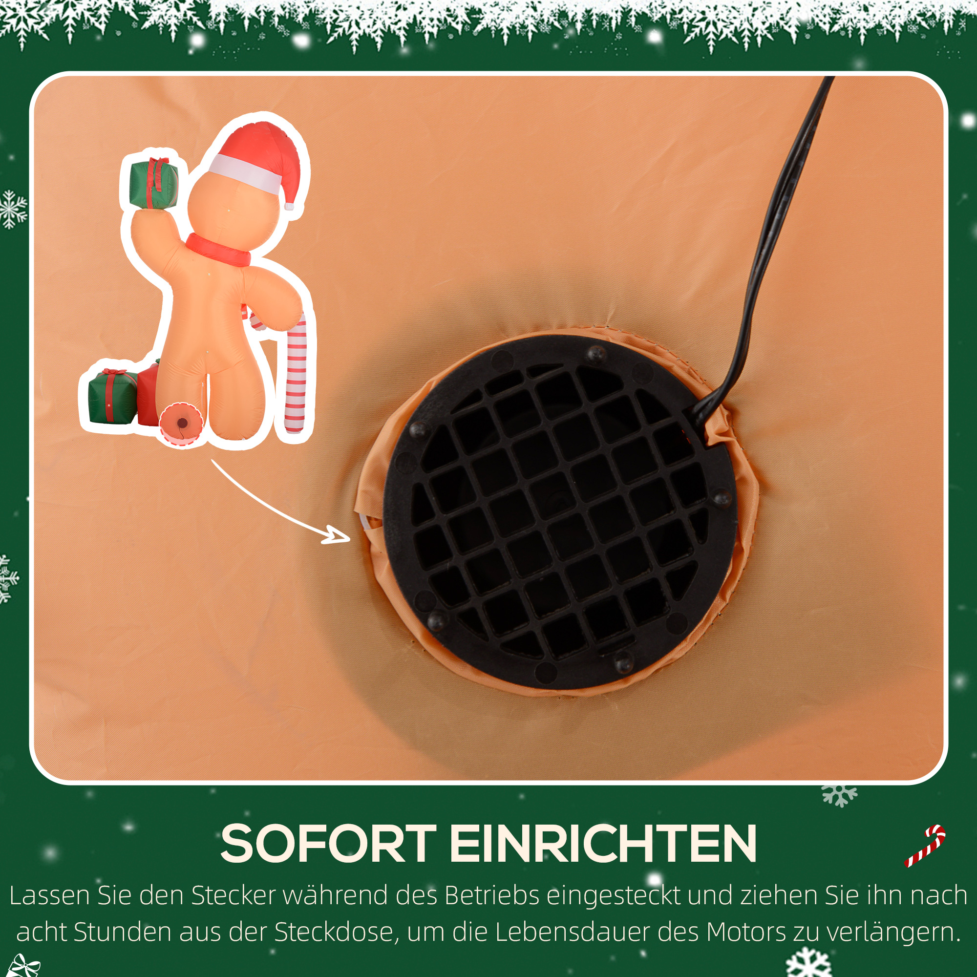 Lebkuchenmann mit Zuckerstange, 2,45 m groß, aufblasbar, weiße LED-Beleuchtung, 170 x 100 x 245 cm