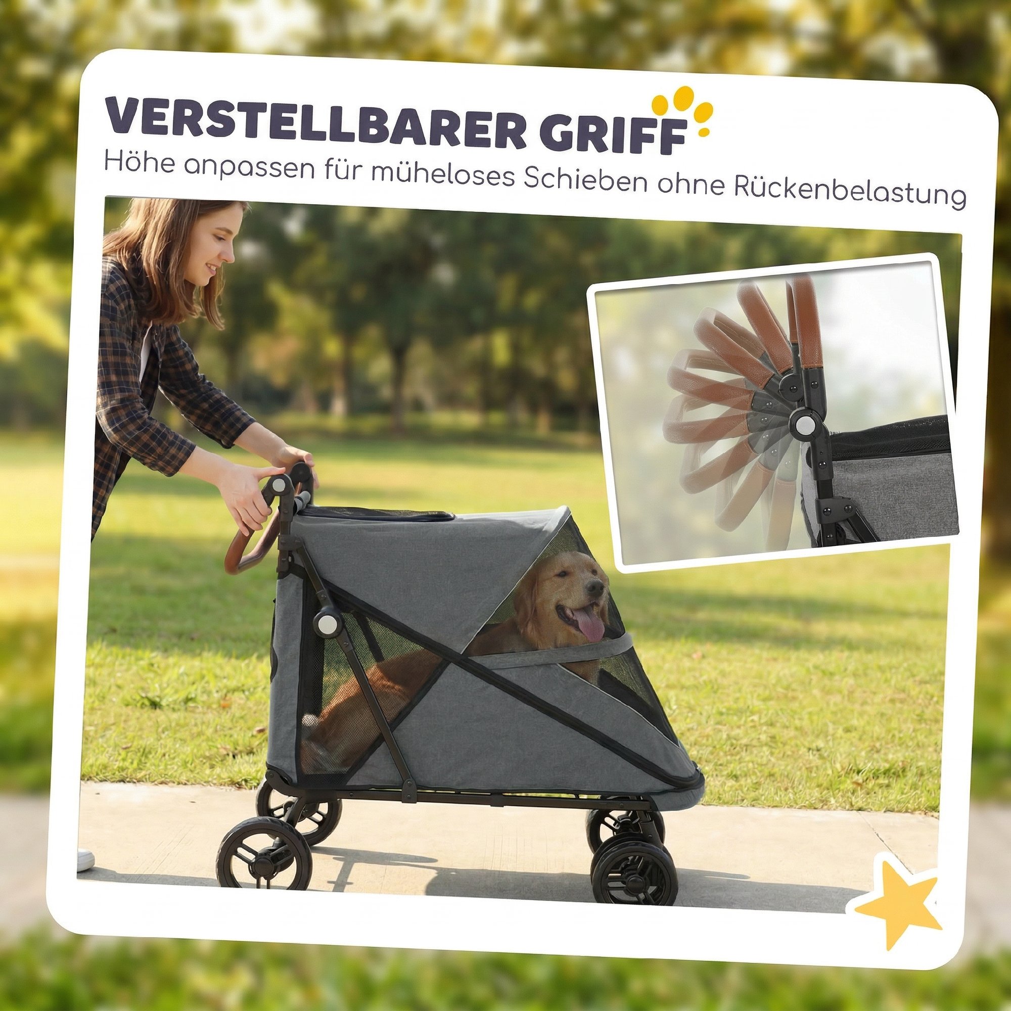 Hundewagen Faltbar Hundebuggy für große Hunde bis 30 kg mit 360°Drehrädern Netzfenster Kissen Verstellbarer Griff Grau