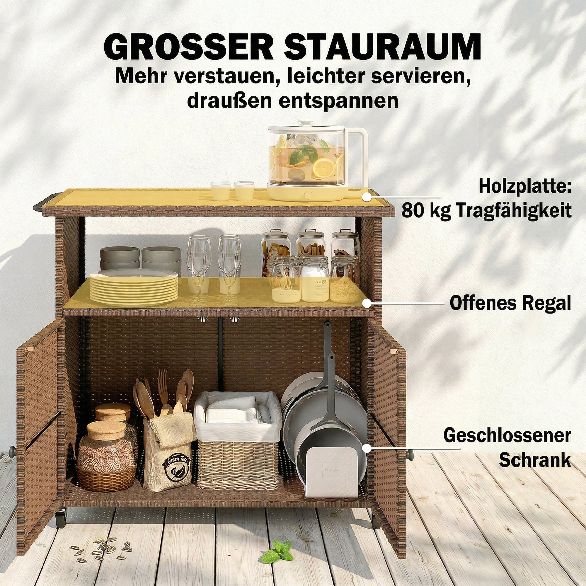 Servierwagen Rattan Küchenwagen mit FSC Eukalyptusholz-Arbeitsplatte Ablagefach Rollen Seitengriff 95 x 54 x 84 cm