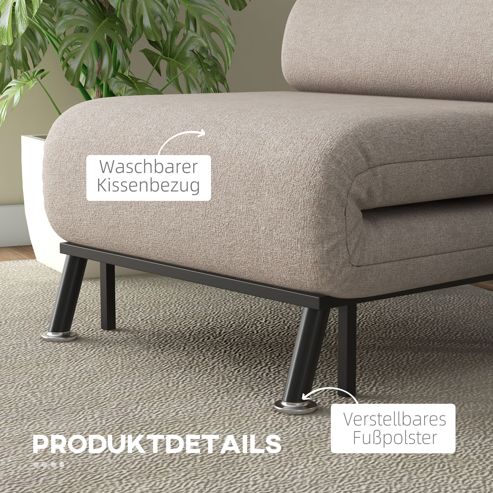Klappsessel mit Bettfunktion, klappbarer Relaxsessel in Leinenoptik, Verstellbare Rückenlehne, 75 x 70 x 75 cm, Beige
