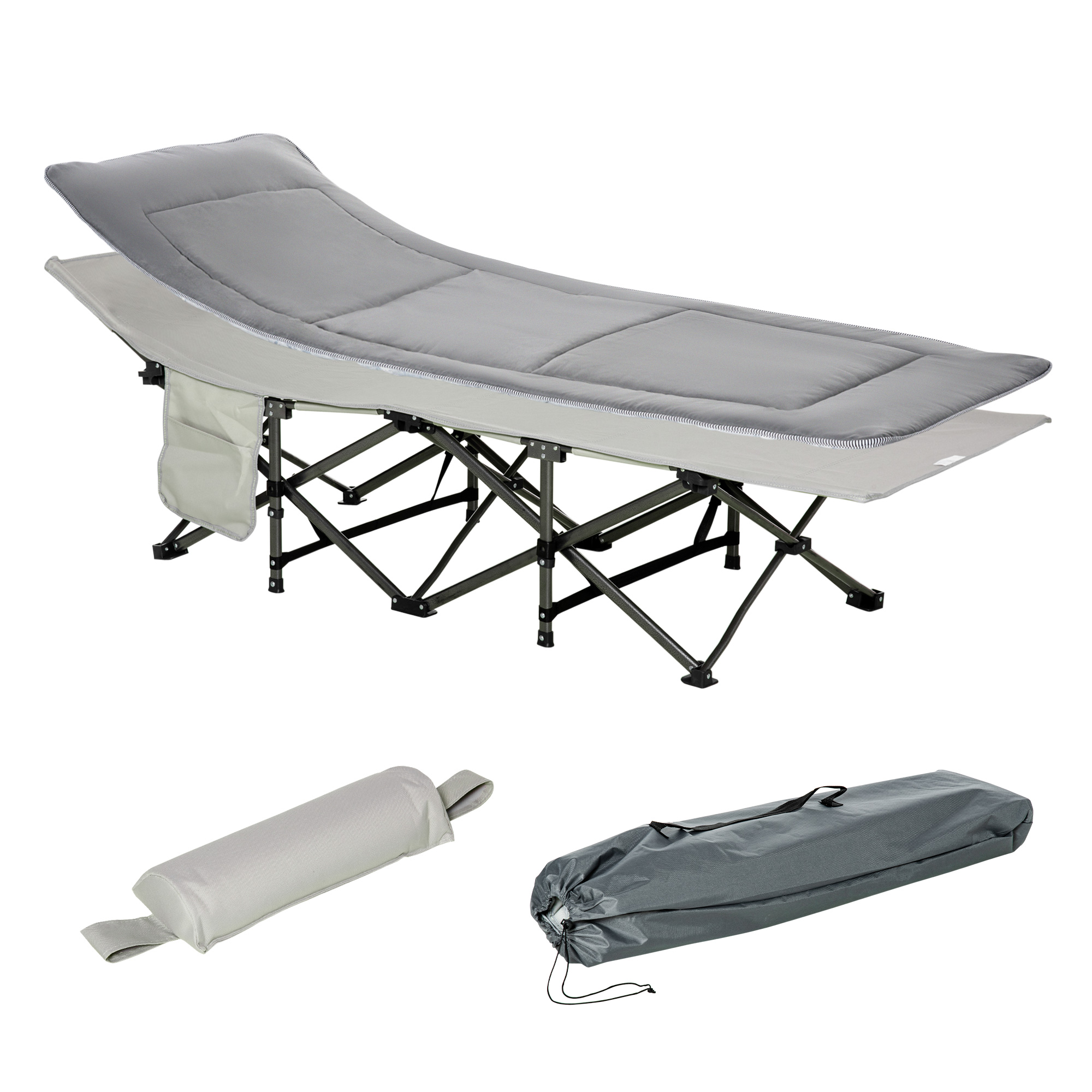 Feldbett faltbar Campingbett mit Matratze Tragetasche 188 x 64,5 x 53 cm Gästebett bis 150 kg belastbar Campingliege für Erwachsene Klappbett für Outdoor, Garten Camping Reisen Hellgrau