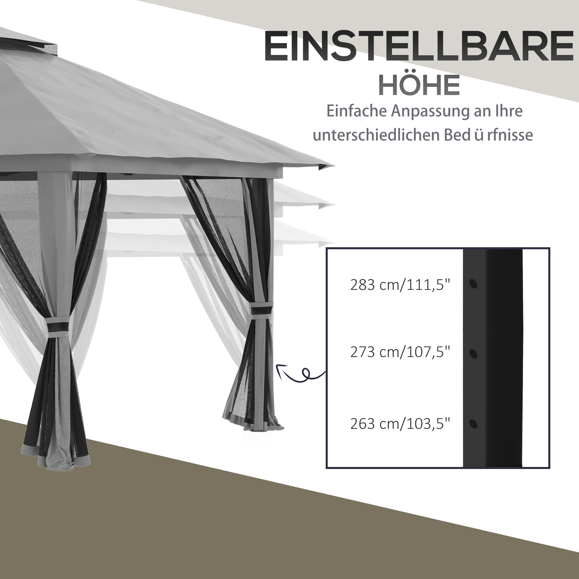 Faltpavillon, höhenverstellbar, 4 Netzwände, Lüftungsdach, Tragetasche, Schnellaufbau, dunkelgrau, 4 x 4 x 3 m