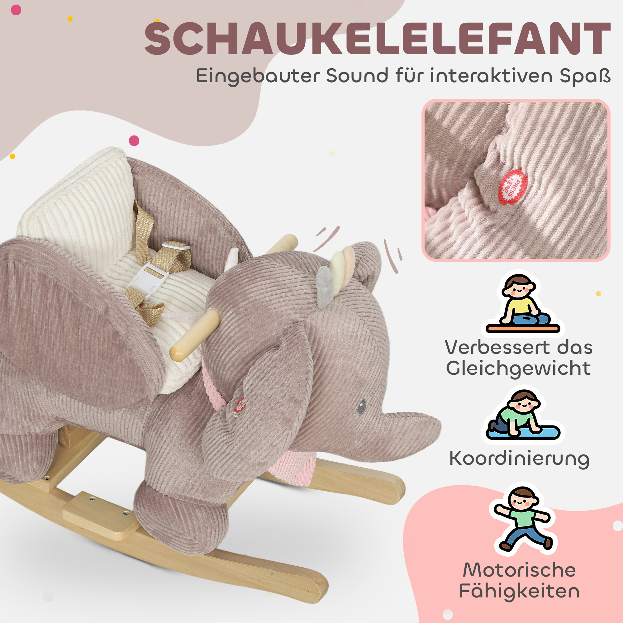 Schaukeltier, Elefant-Schaukel, interaktive Tiergeräusche, Holzrahmen, für Kinder 1,5-3 Jahre, 65 x 32 x 49 cm, Braun