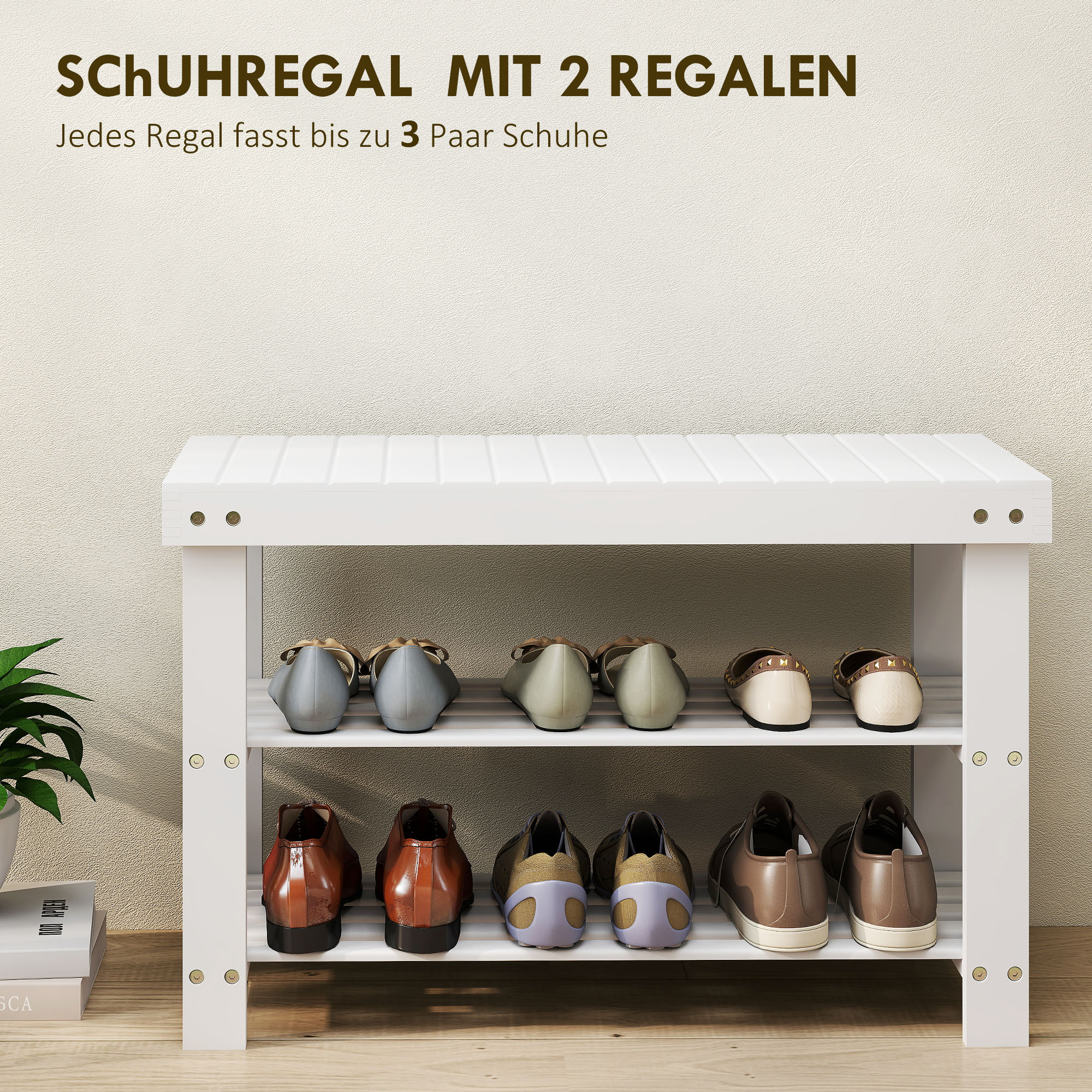Schuhbank Bambus mit 2 Ablagen, Sitzbank mit Stauraum, für Flur, 70x28x45 cm, Weiß