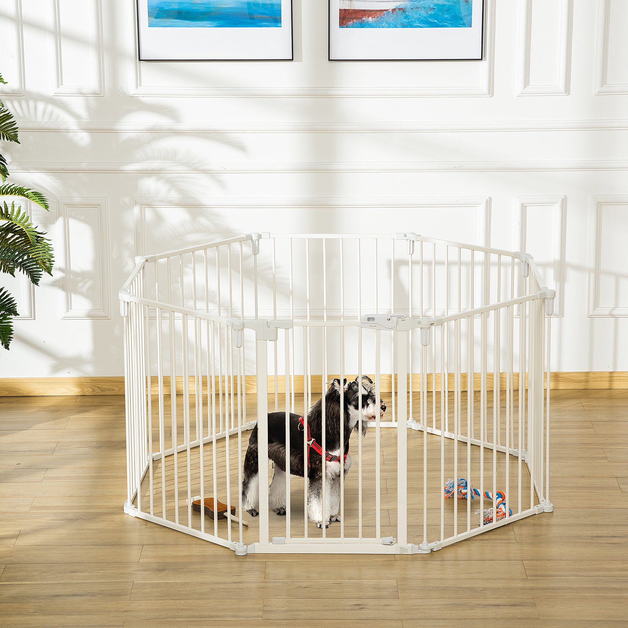 Welpenauslauf 8-teilig, faltbar 60 x 76 cm Welpenlaufstall mit Tür, Hundegitter für kleine, mittelgroße Hunde, Freigehege für Tür, Kamin, Treppe, Weiß