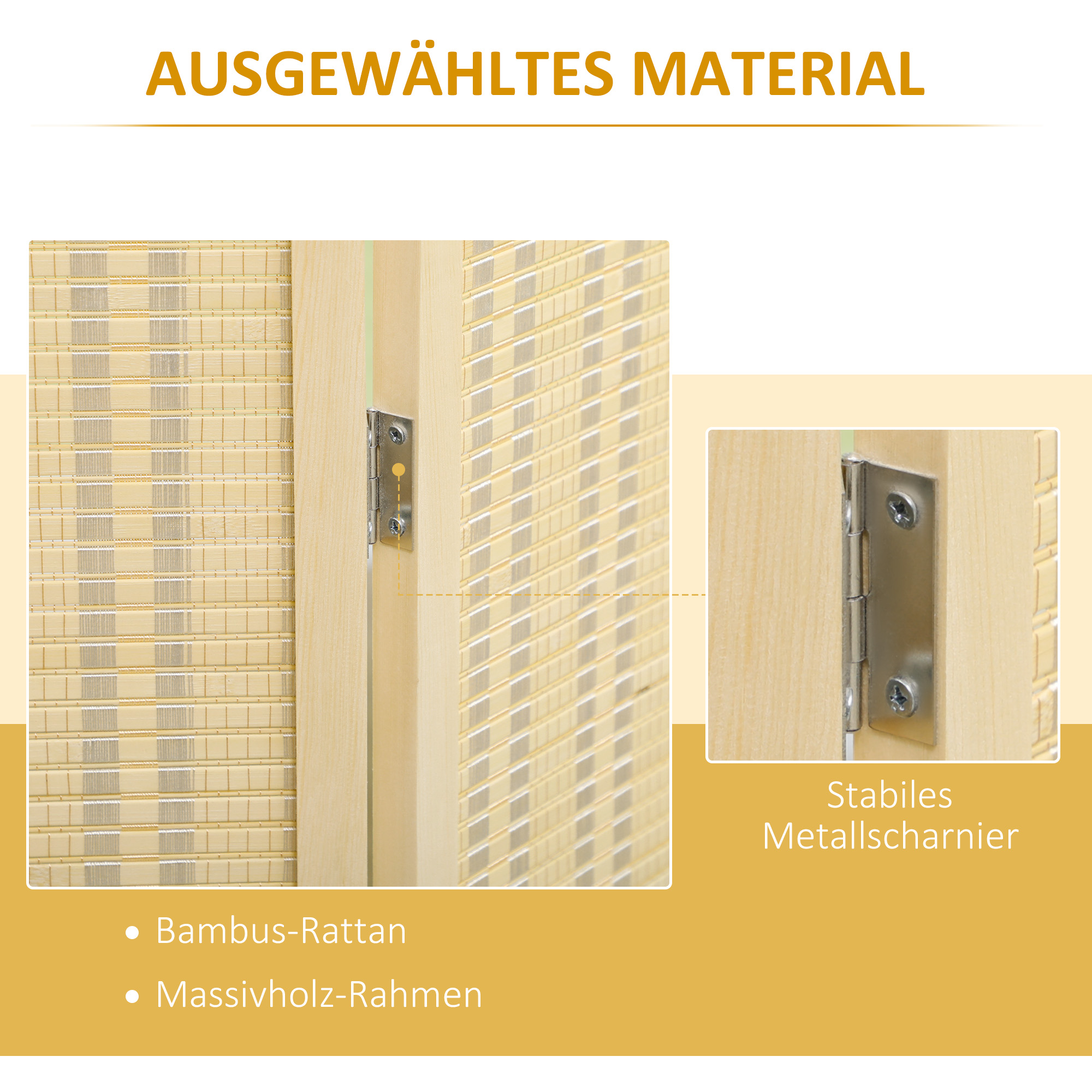 4-teiliger Raumteiler, 180 x 180 cm, Faltbarer Sichtschutz aus Bambus und Baumwolle für Wohnzimmer, Schlafzimmer, Natur