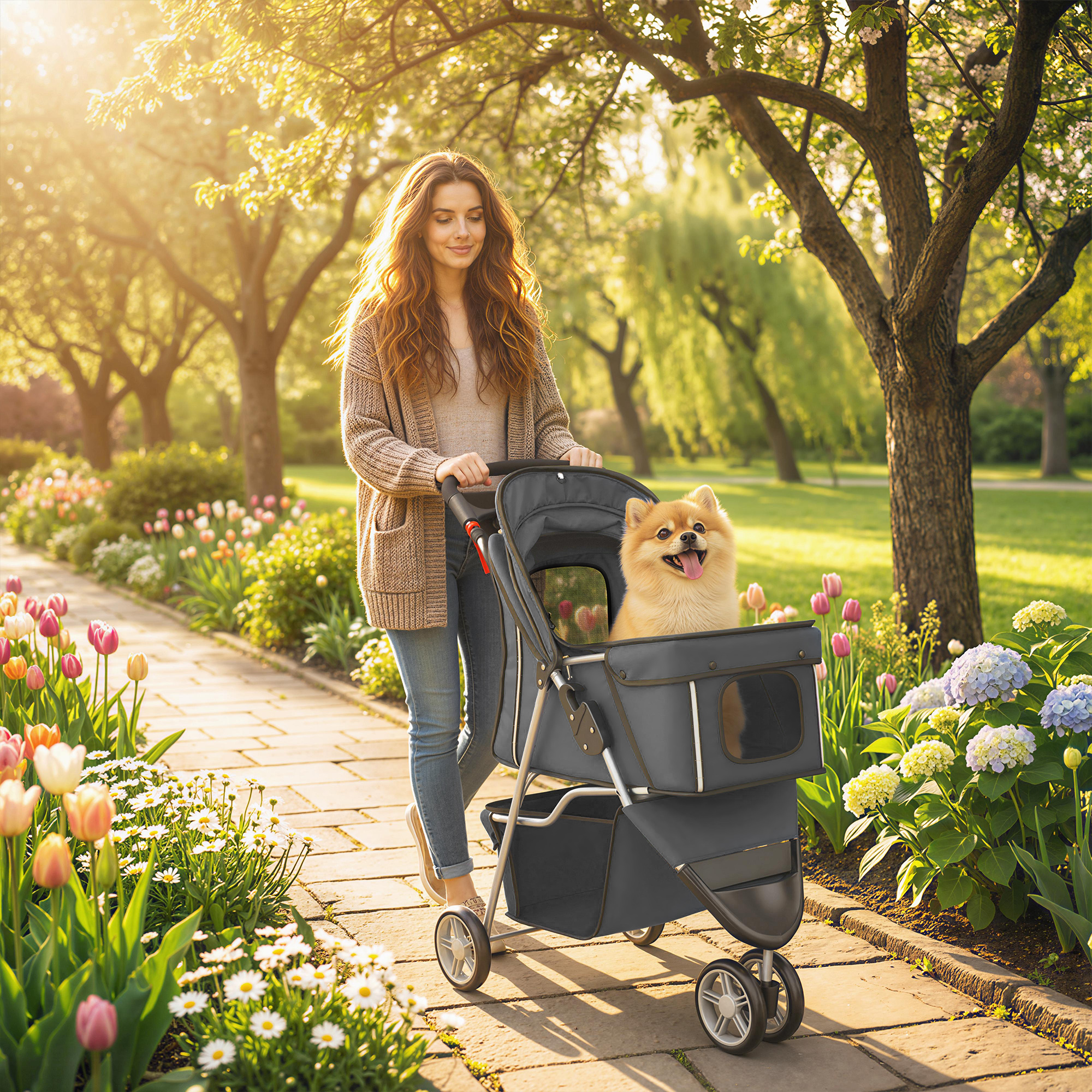 Faltbar Hundewagen mit verstellbarem Verdeck, Aufbewahrungskorb, für kleine Hunde bis 10kg, 77 x 44 x 102 cm Dunkelgrau